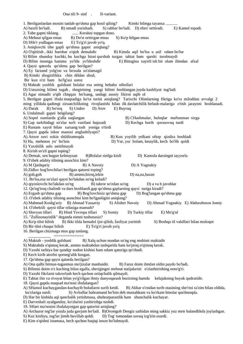 Ona tili 9- sinf. II-variant