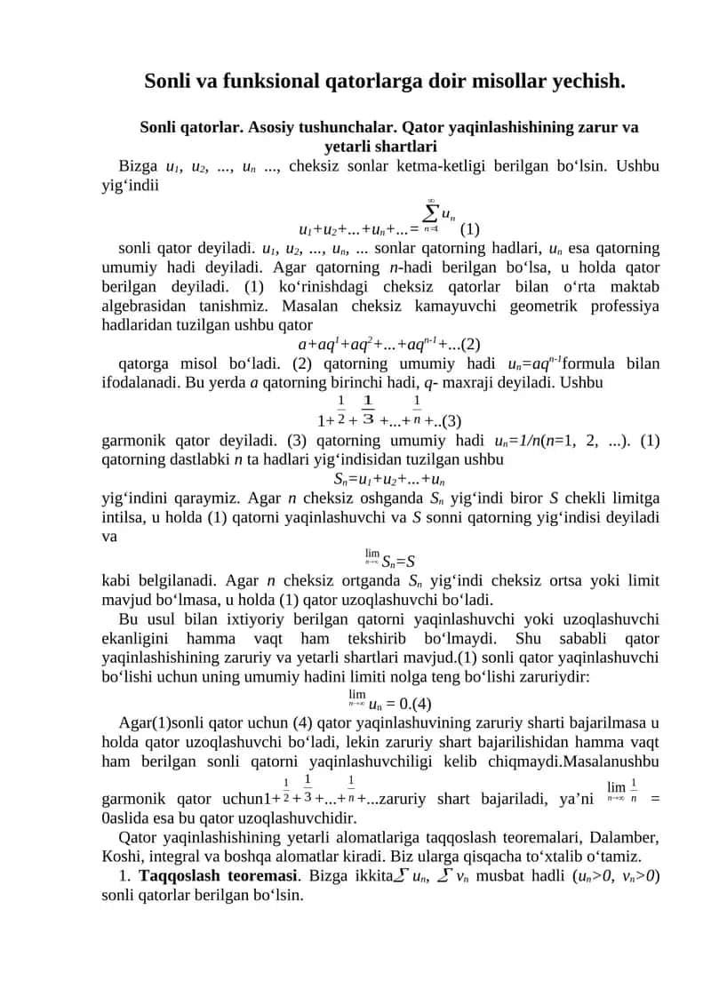 Sonli va funksional qatorlarga doir misollar yechish.