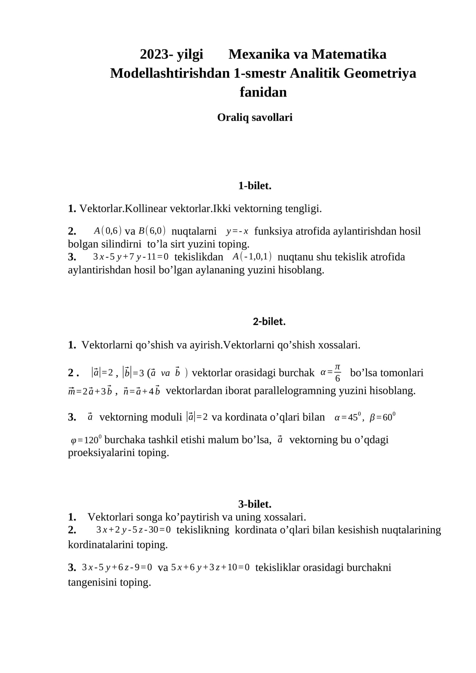 Mexanika va Matematika Modellashtirishdan 1-smestr Analitik Geometriya