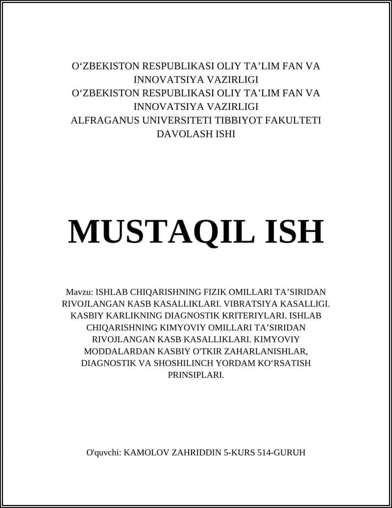 ISHLAB CHIQARISHNING FIZIK OMILLARI TAʼSIRIDAN RIVOJLANGAN KASB KASALLIKLARI