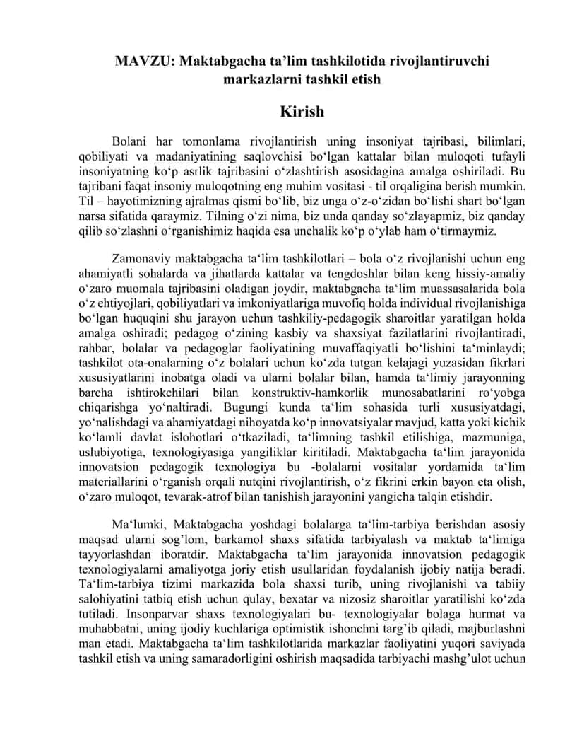 REFARAT "Maktabgacha ta’lim tashkilotida rivojlantiruvchi markazlarni tashkil etish " MAVZUSIDA