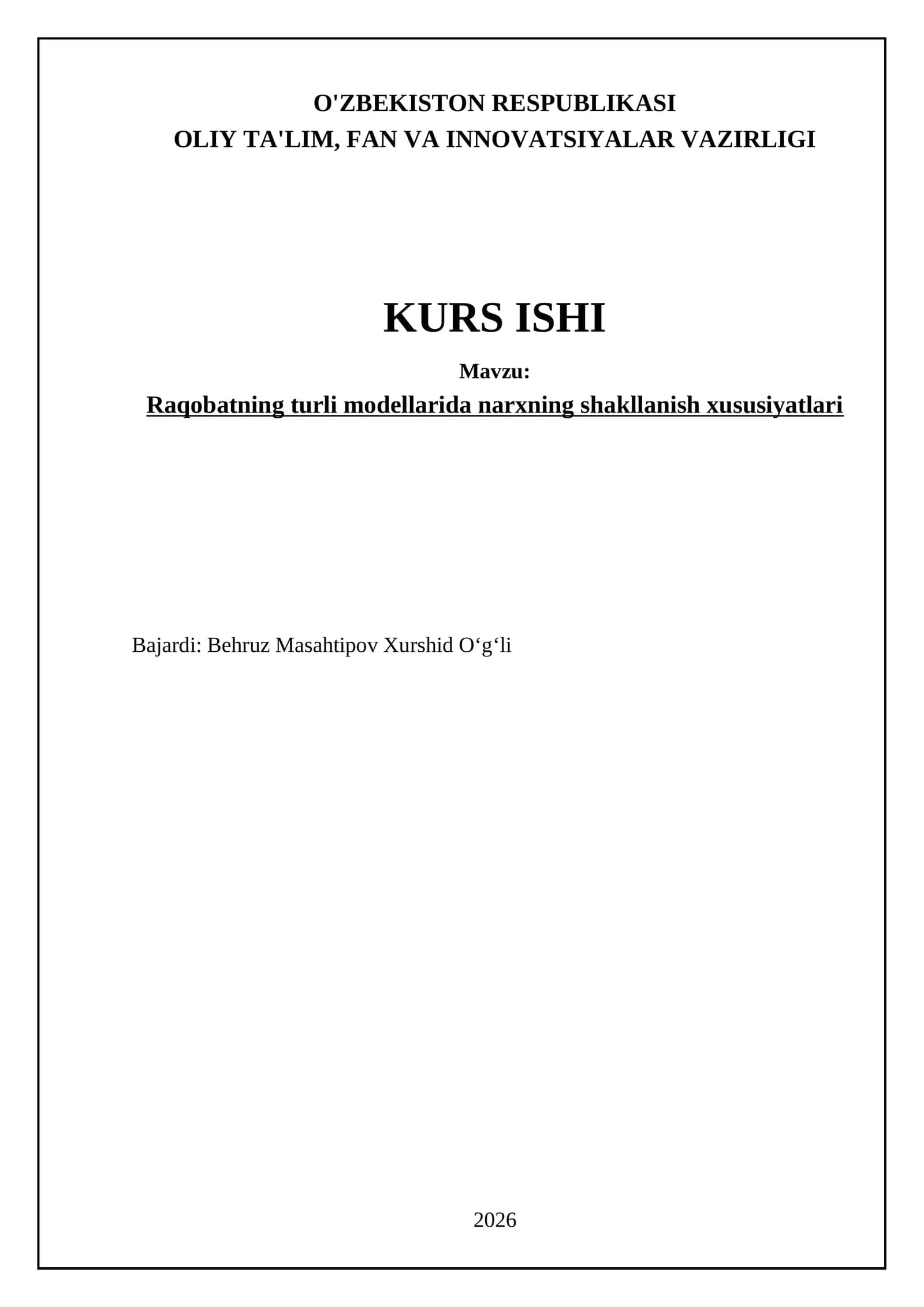 Raqobatning turli modellarida narxning shakllanish xususiyatlari