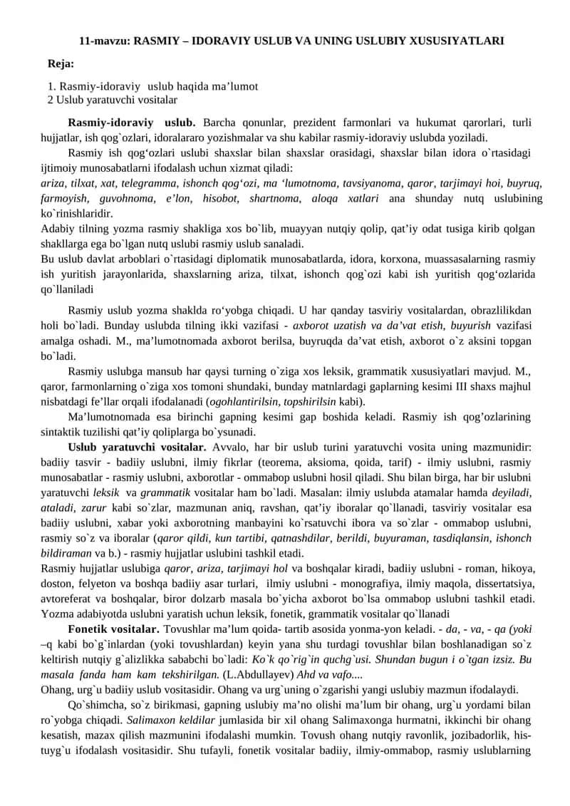 RASMIY – IDORAVIY USLUB VA UNING USLUBIY XUSUSIYATLARI