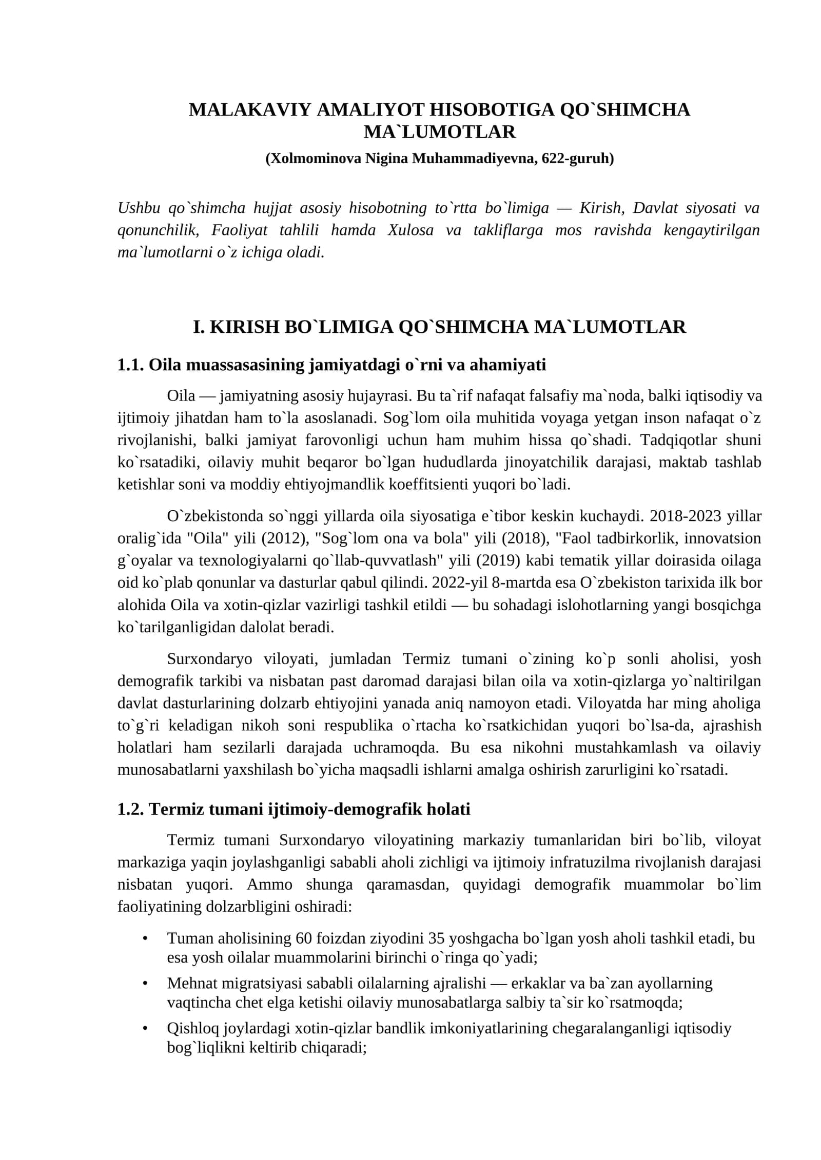 MALAKAVIY AMALIYOT HISOBOTIGA QO`SHIMCHA MA`LUMOTLAR