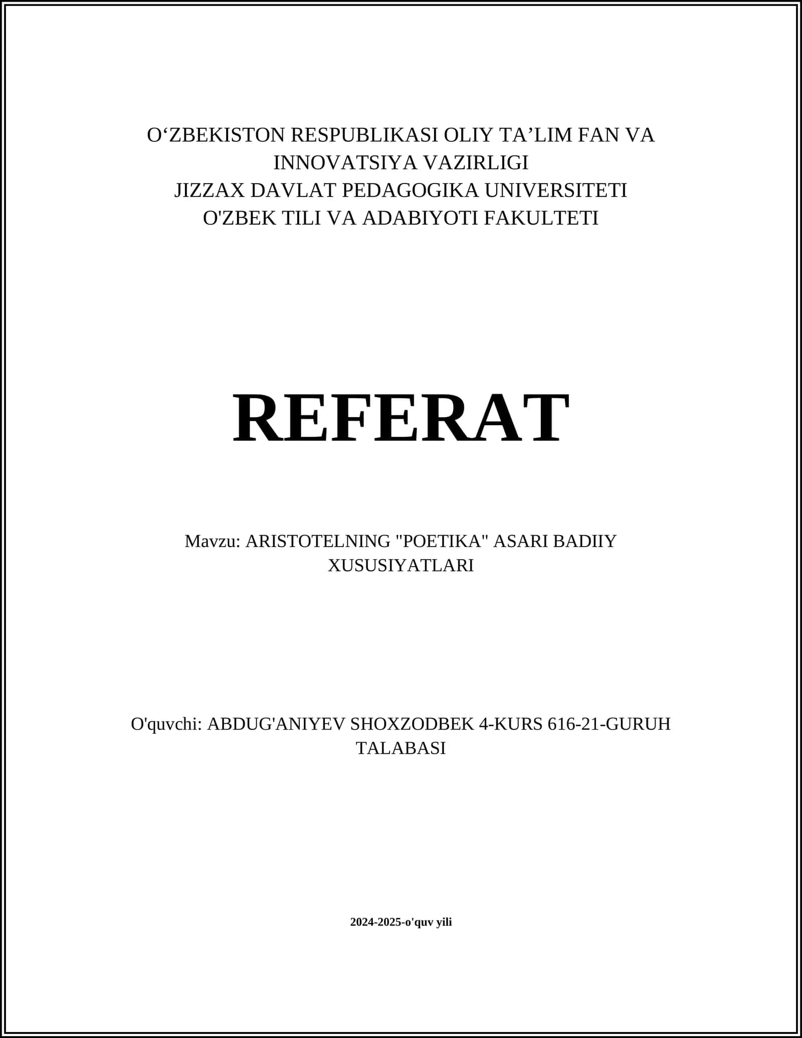 ARISTOTELNING "POETIKA" ASARI BADIIY XUSUSIYATLARI