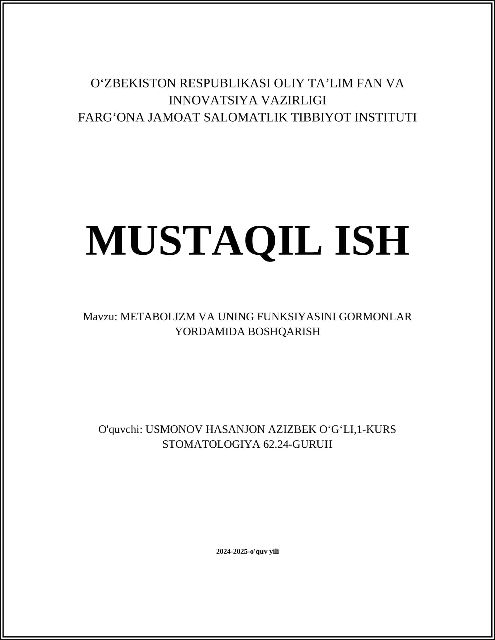 METABOLIZM VA UNING FUNKSIYASINI GORMONLAR YORDAMIDA BOSHQARISH