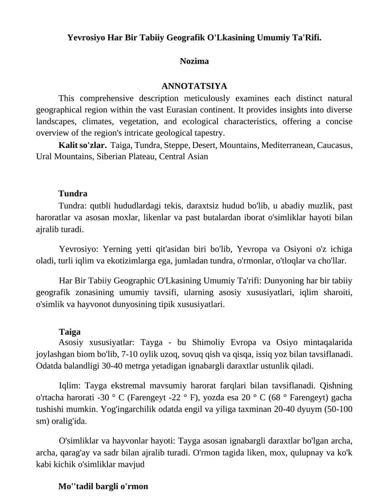 Yevrosiyo Har Bir Tabiiy Geografik O'Lkasining Umumiy Ta'Rifi