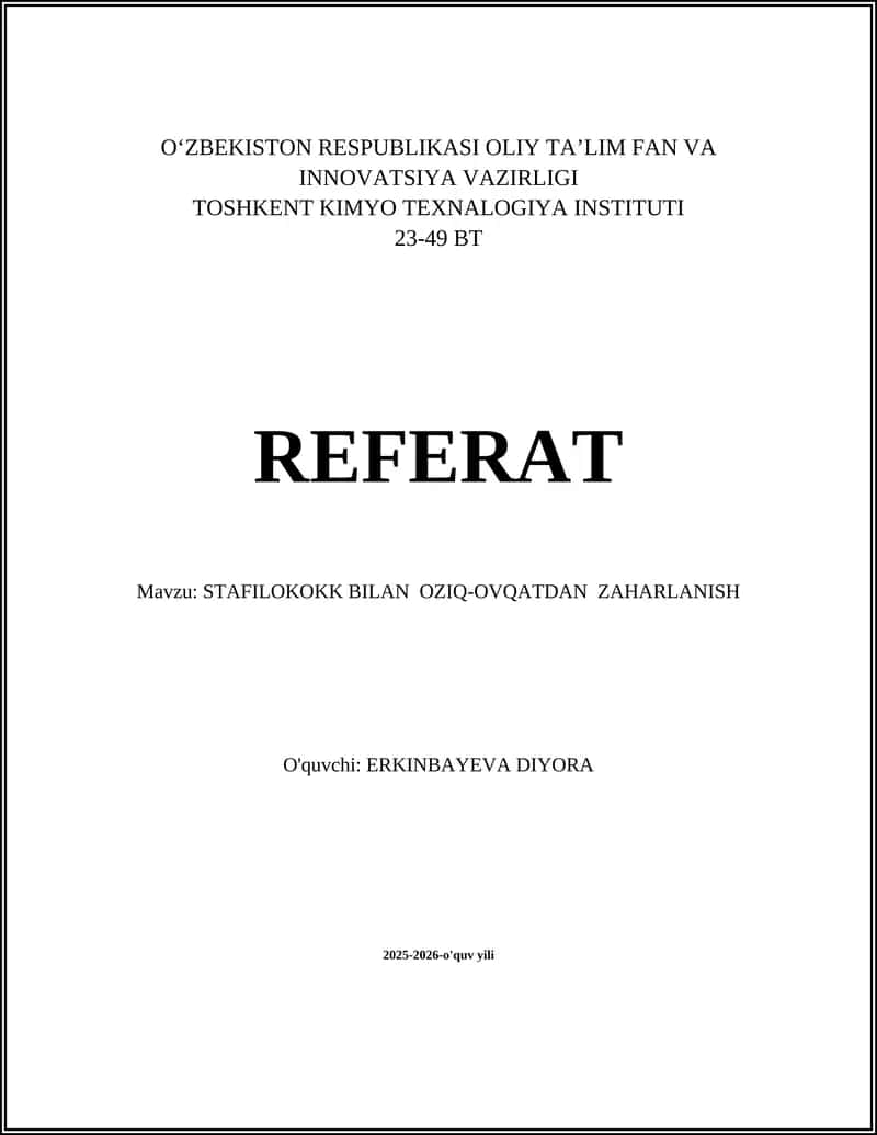 Stafilokokk Bilan Oziq-Ovqatdan Zaharlanish Referat