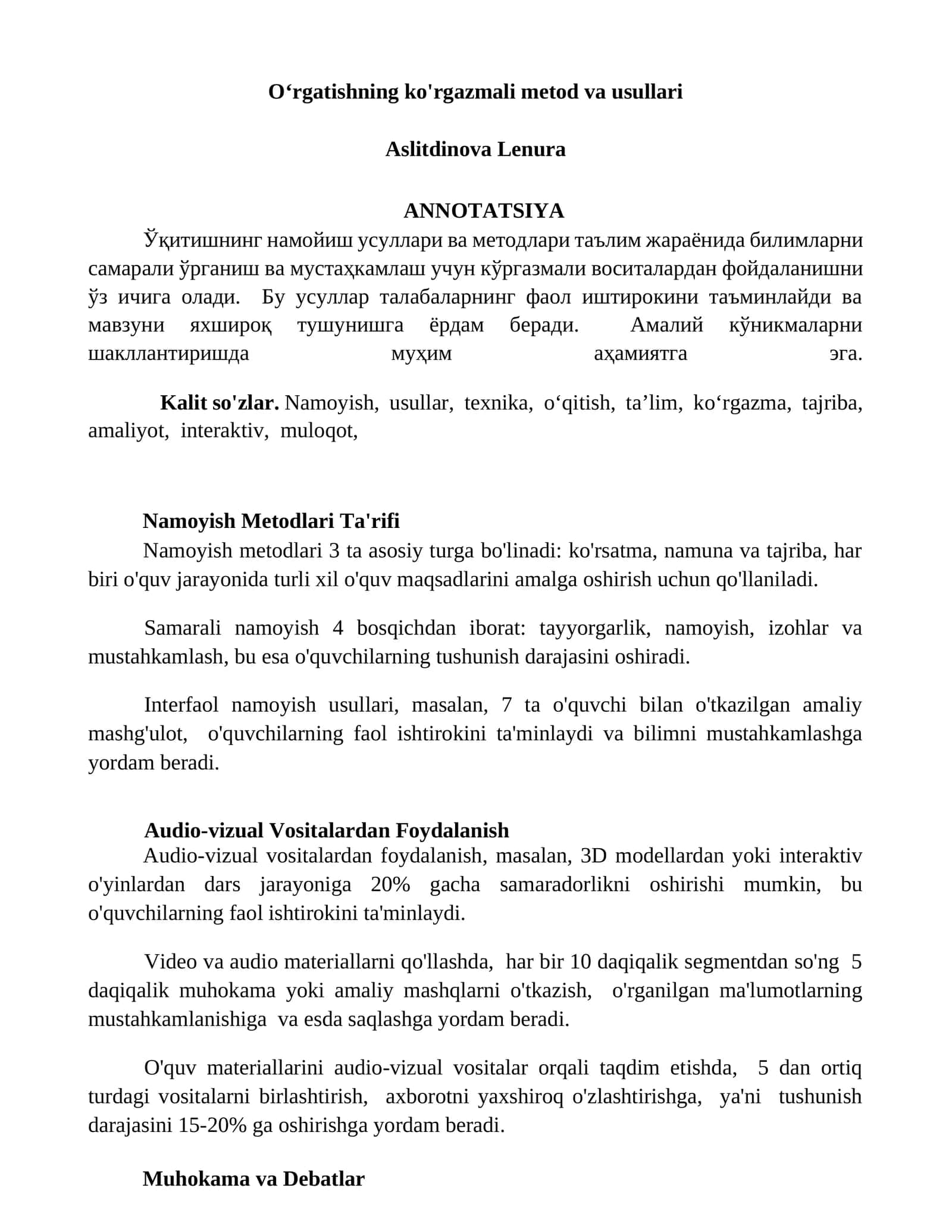 Namoyishning ko'rgazmali metod va usullari