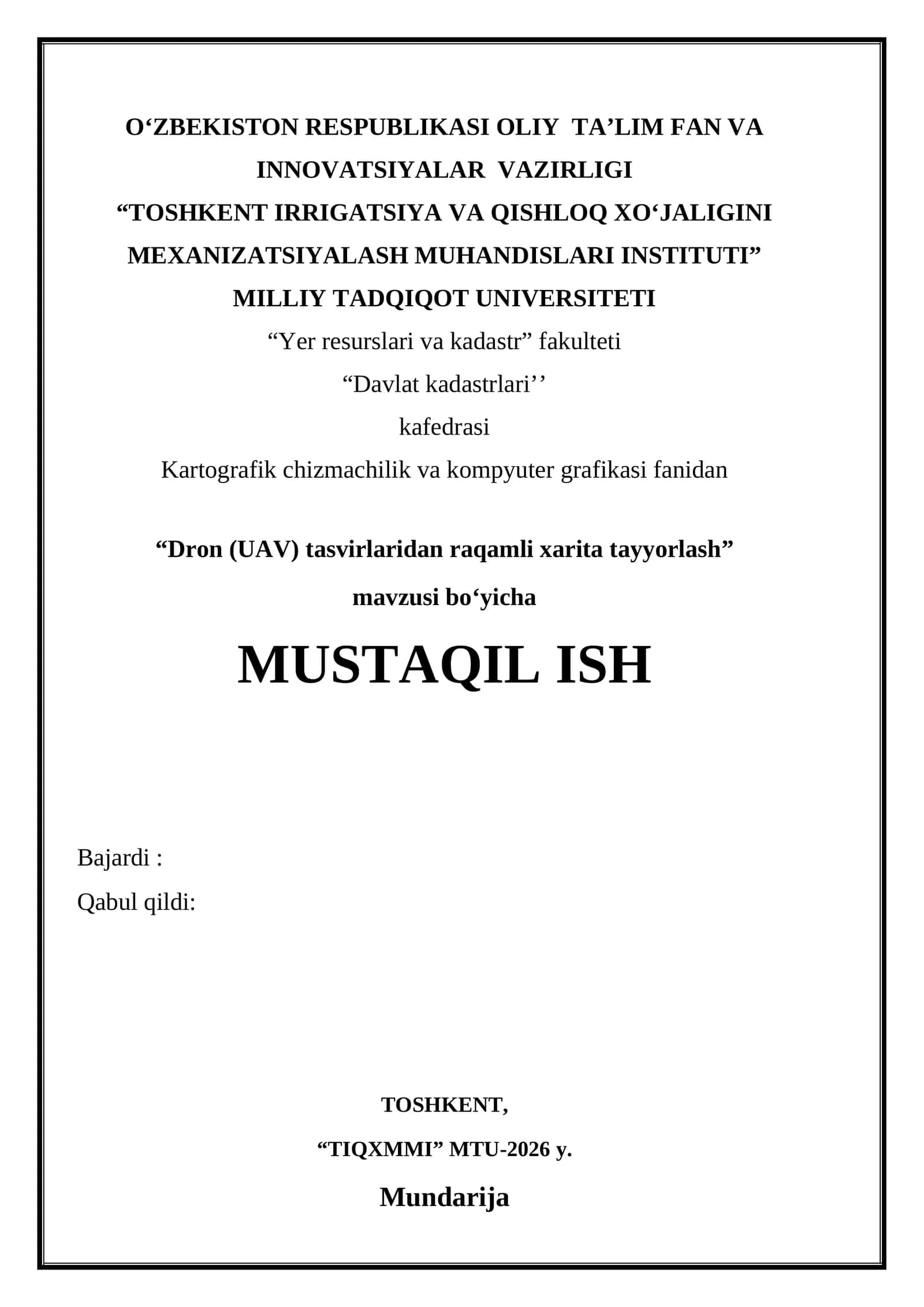 Dron (UAV) tasvirlaridan raqamli xarita tayyorlash