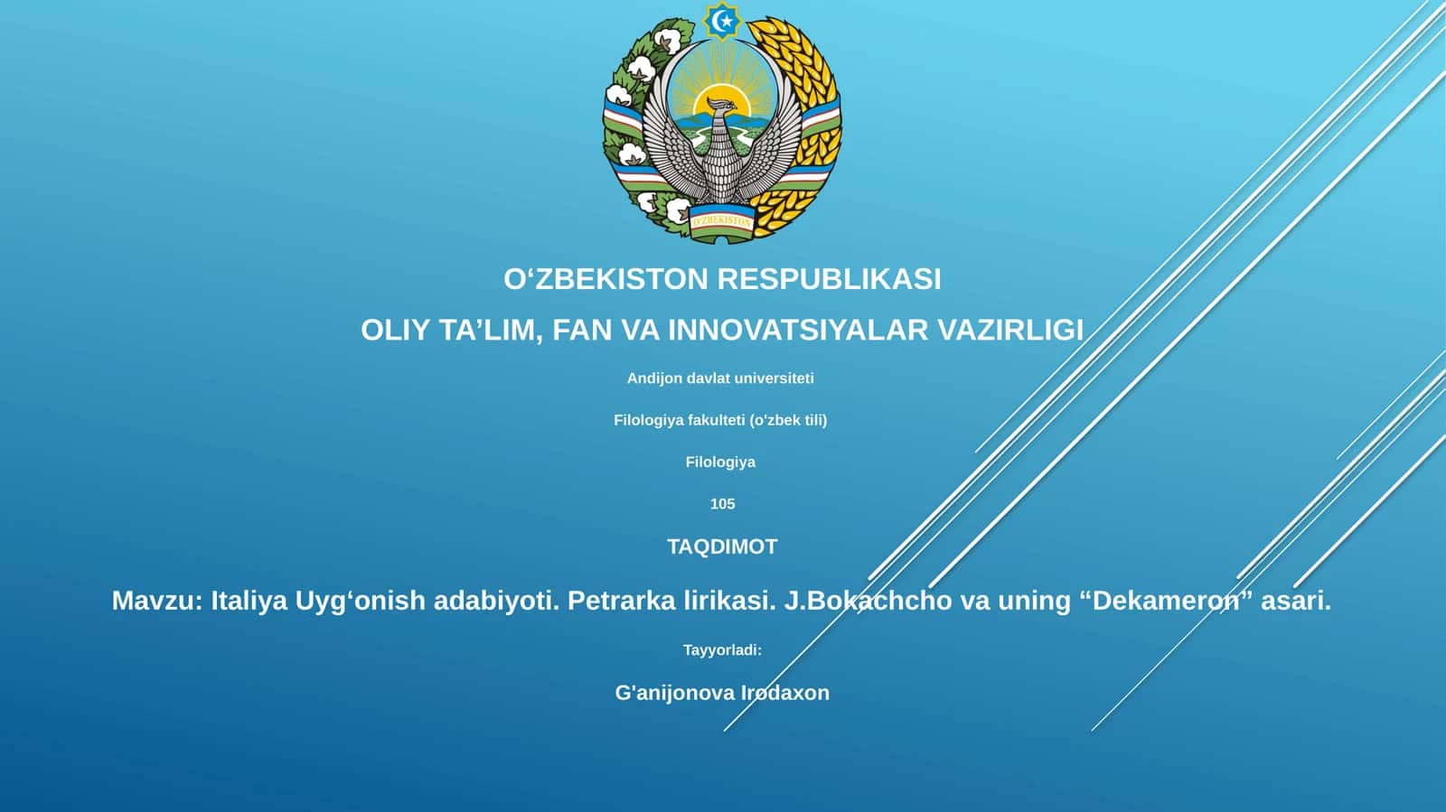 Italiya Uyg‘onish adabiyoti. Petrarka lirikasi. J.Bokachcho va uning “Dekameron” asari