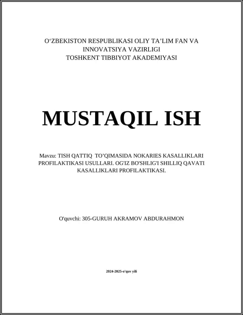 TISH QATTIQ TO’QIMASIDA NOKARIES KASALLIKLARI PROFILAKTIKASI USULLARI