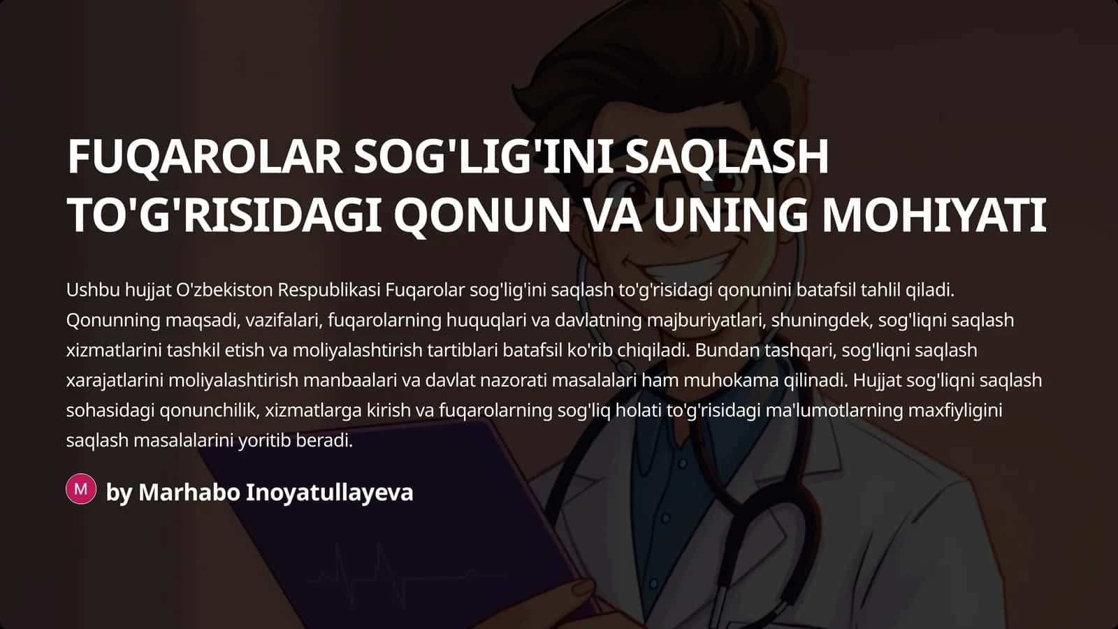 FUQAROLAR SOG'LIG'INI SAQLASH TO'G'RISIDAGI QONUN VA UNING MOHIYATI