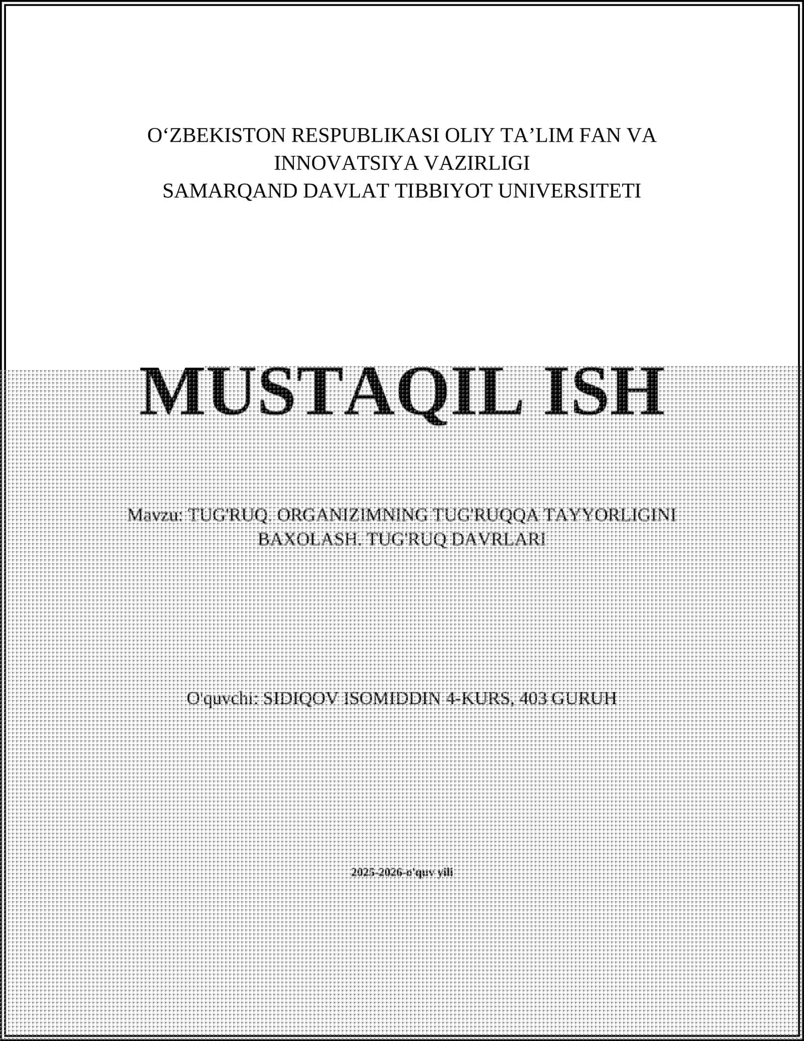 TUG'RUQ. ORGANIZIMNING TUG'RUQQA TAYYORLIGINI BAXOLASH. TUG'RUQ DAVRLARI