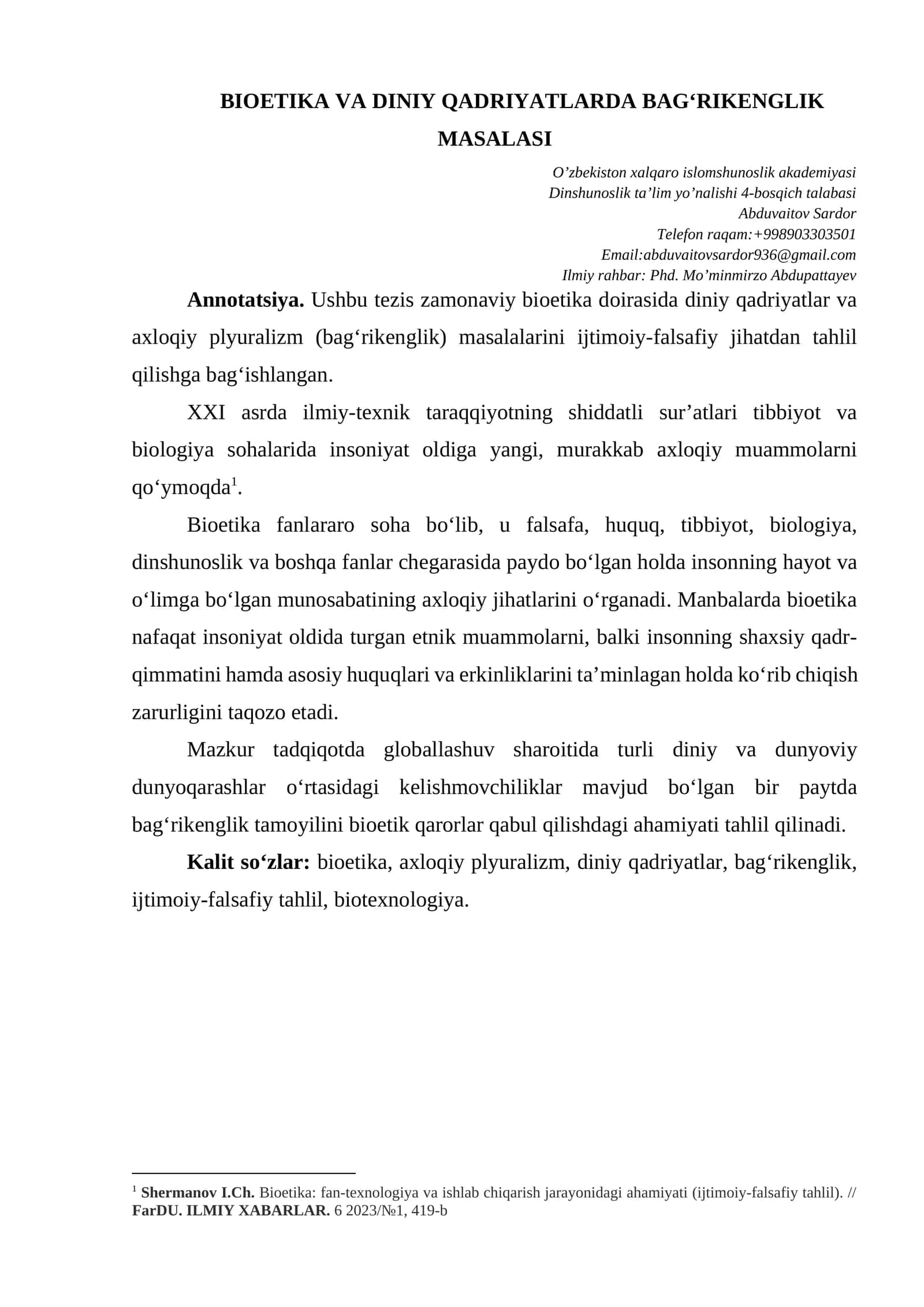 BIOETIKA VA DINIY QADRIYATLARDA BAG‘RIKENGLIK MASALASI