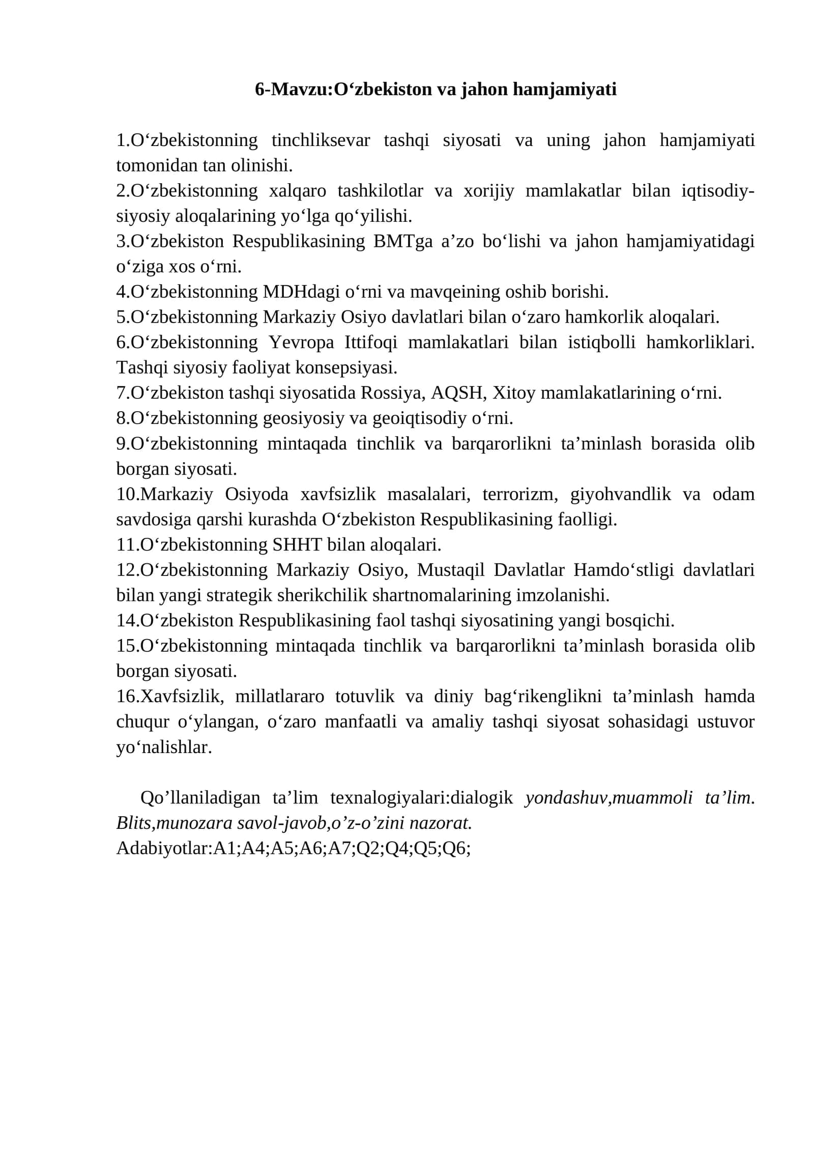O‘zbekiston va jahon hamjamiyati