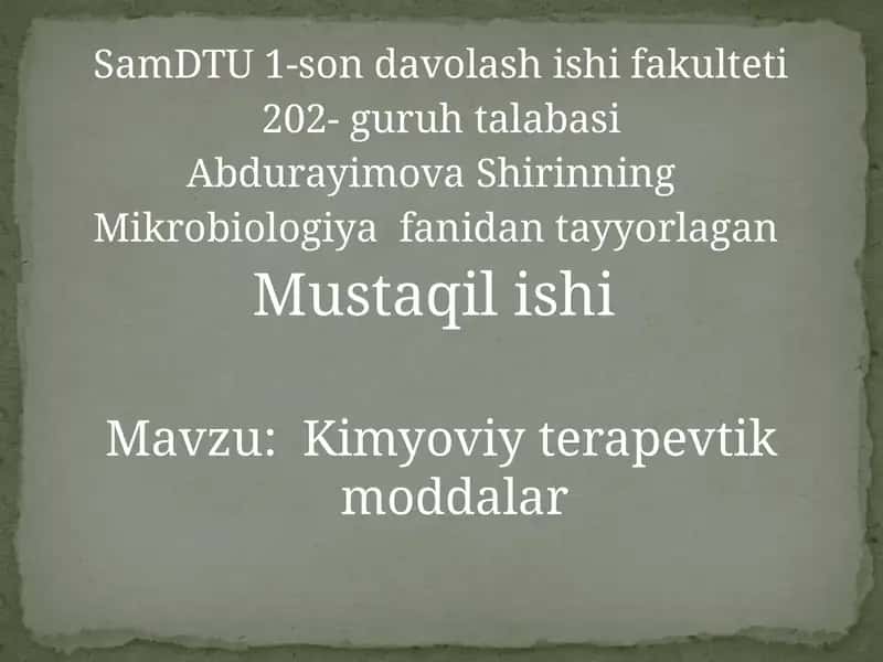 Mikrobiologiyada Kimyoviy Terapevtik Moddalar