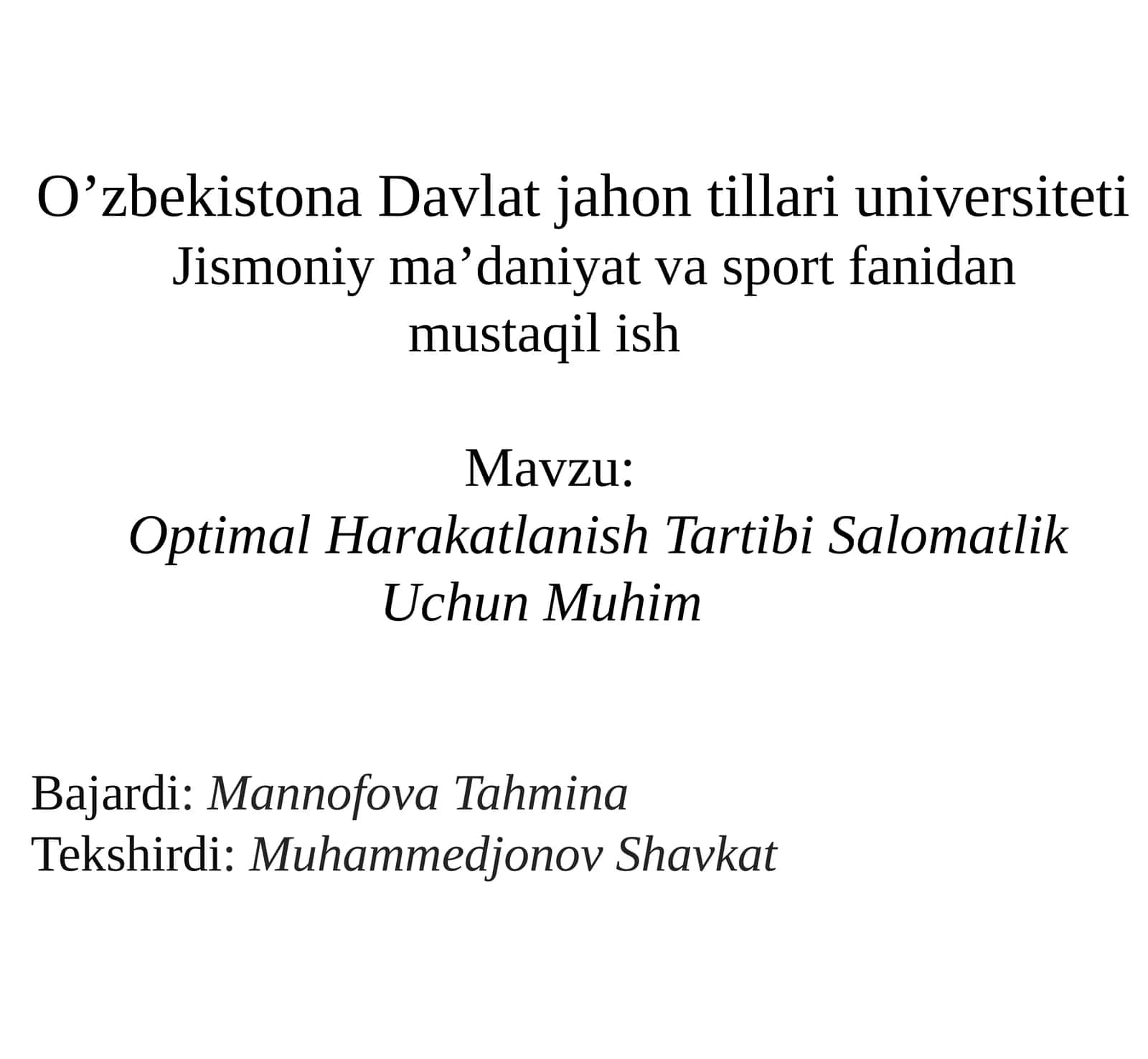Optimal Harakatlanish Tartibi Salomatlik Uchun