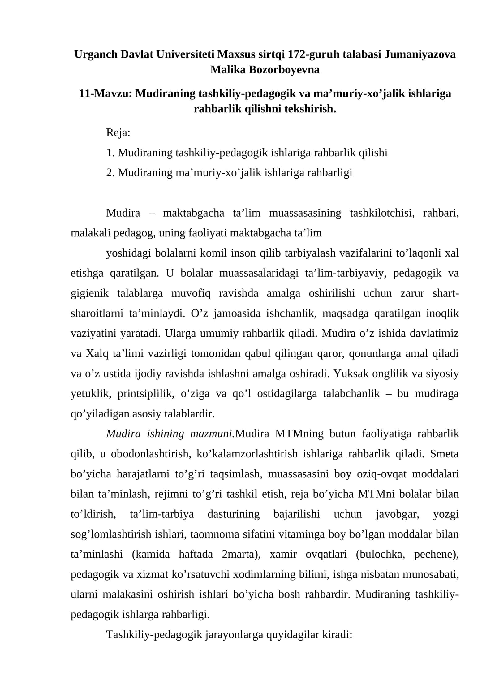 Mudiraning tashkiliy-pedagogik va ma’muriy-xo’jalik ishlariga rahbarlik qilishni tekshirish