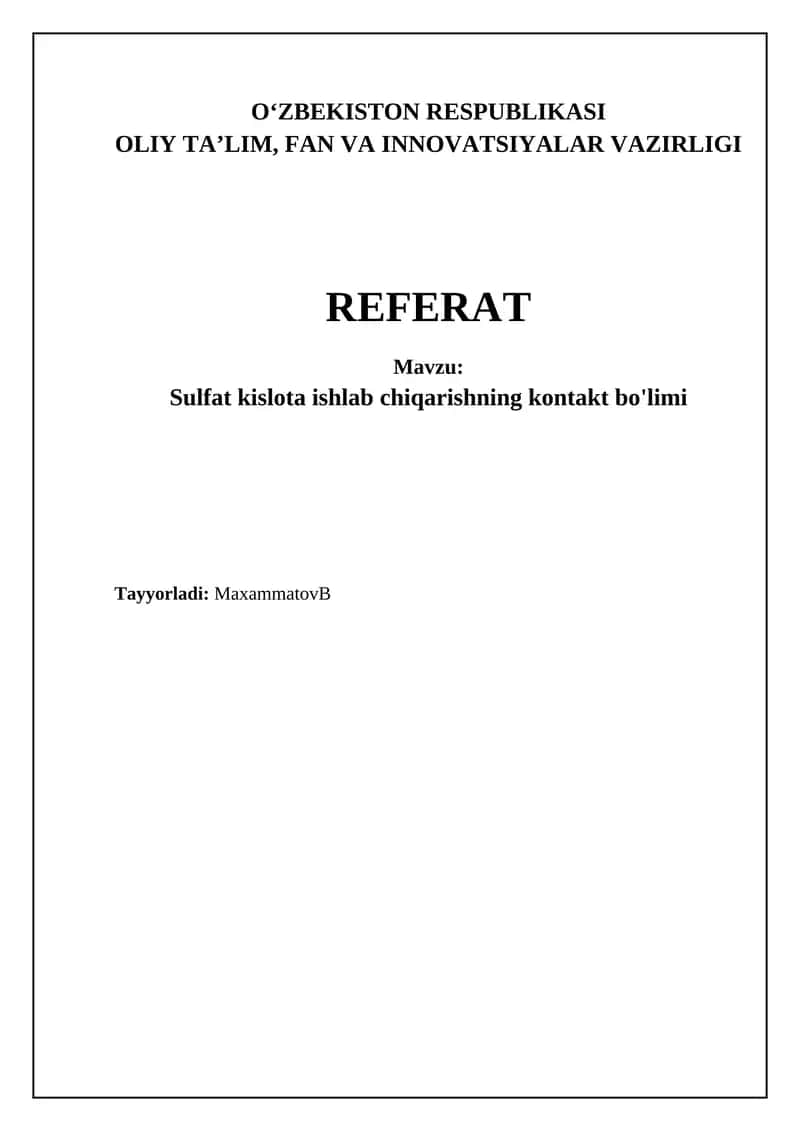 Sulfat kislota ishlab chiqarishning kontakt bo'limi