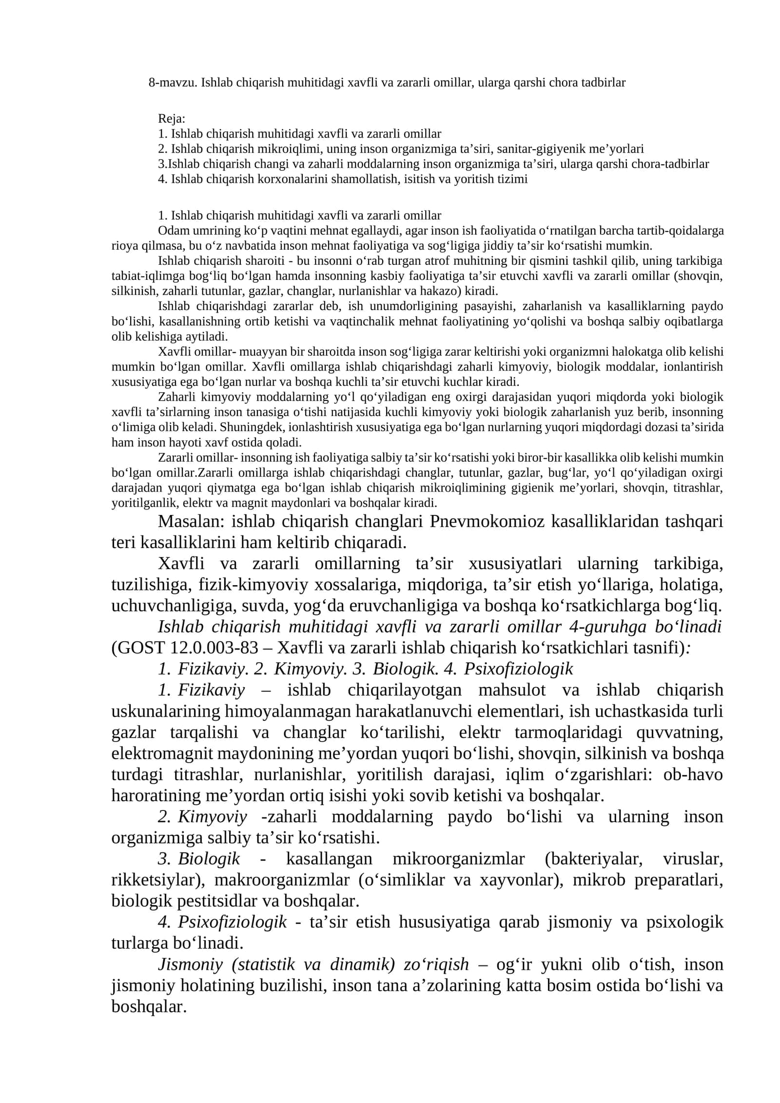 8-mavzu. Ishlab chiqarish muhitidagi xavfli va zararli omillar, ularga qarshi chora tadbirlar