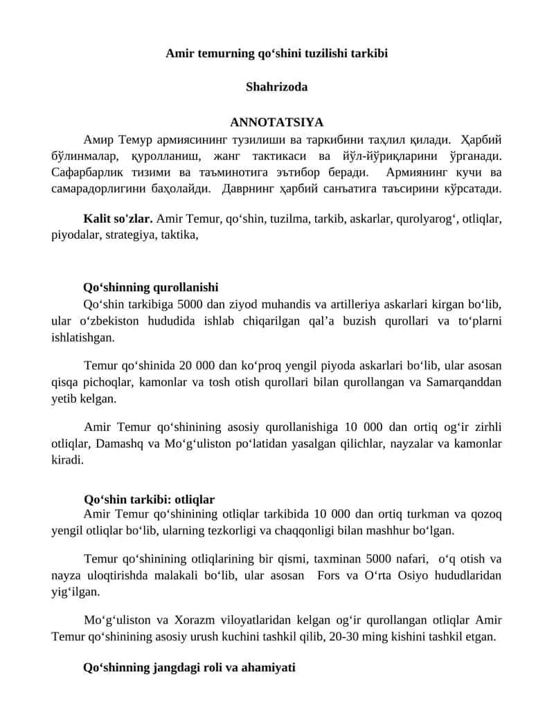 Amir Temurning qo‘shini tuzilishi tarkibi
