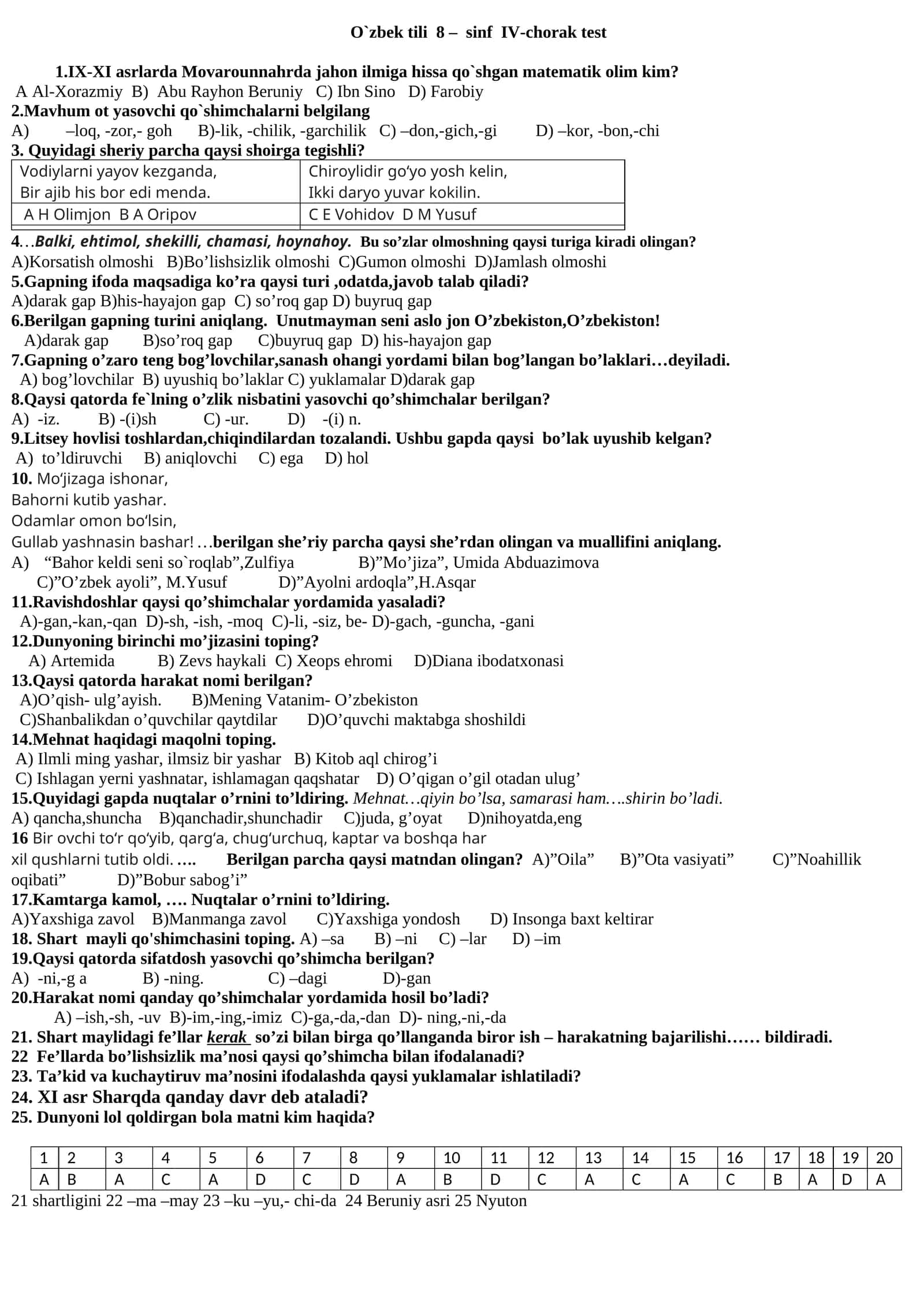 O`zbek tili 8 – sinf IV-chorak test