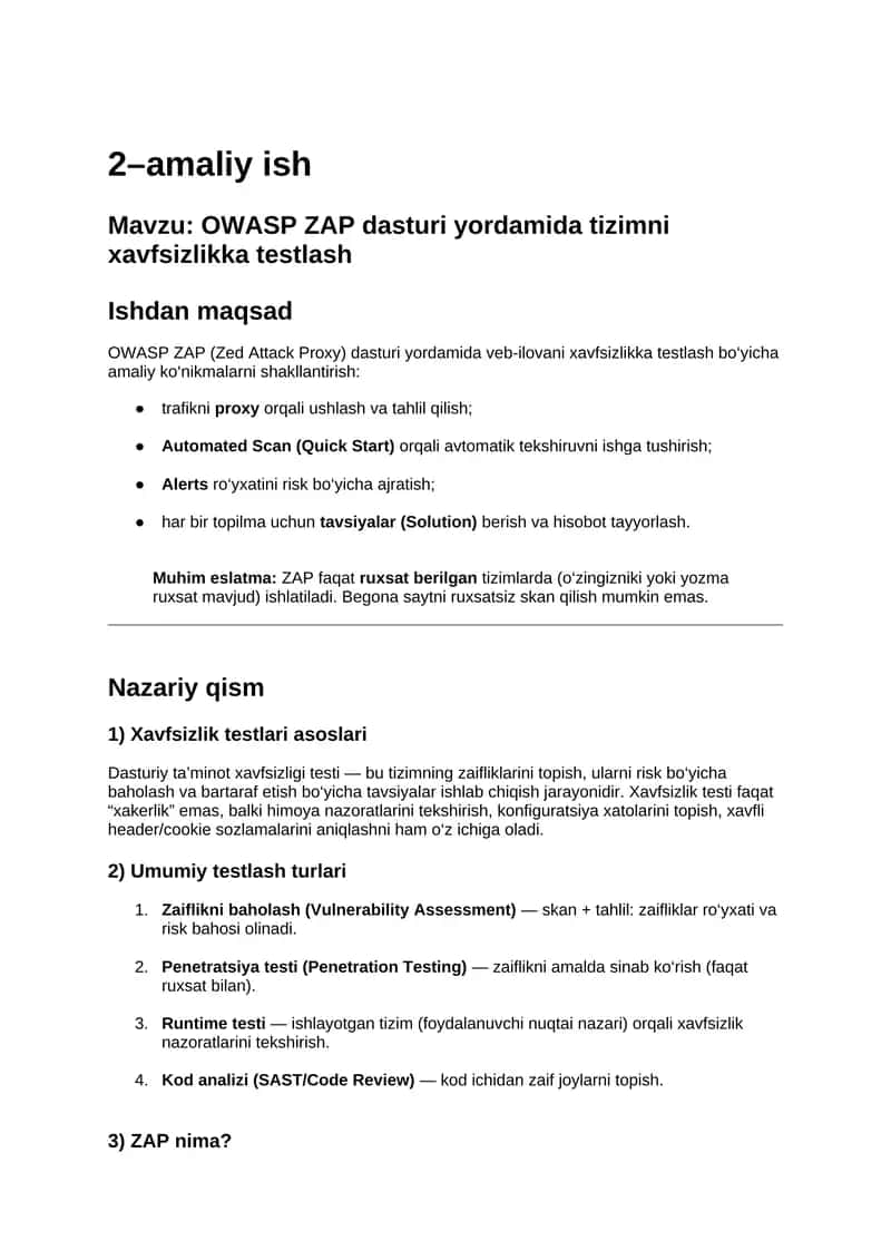 OWASP ZAP dasturi yordamida tizimni xavfsizlikka testlash