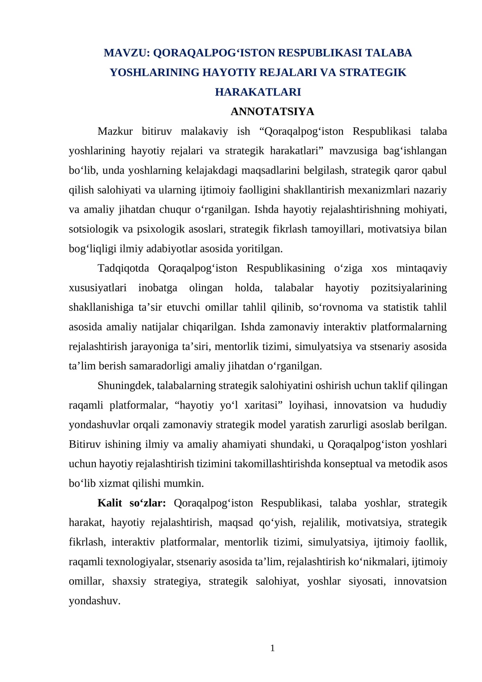 QORAQALPOG‘ISTON RESPUBLIKASI TALABA YOSHLARINING HAYOTIY REJALARI VA STRATEGIK HARAKATLARI
