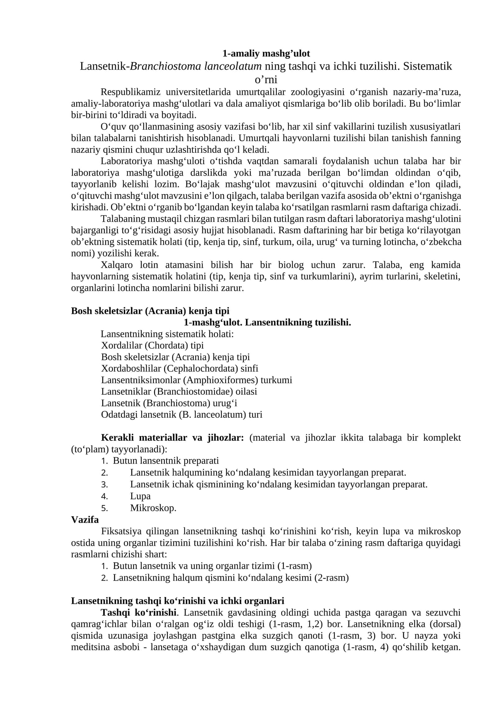 Lansetnik-Branchiostoma lanceolatum ning tashqi va ichki tuzilishi. Sistematik o’rni