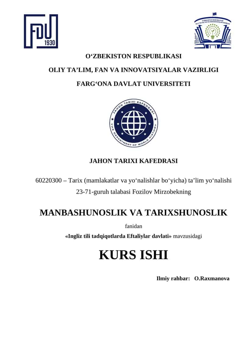 Ingliz tili tadqiqotlarda Eftaliylar davlati tarixshunosligi