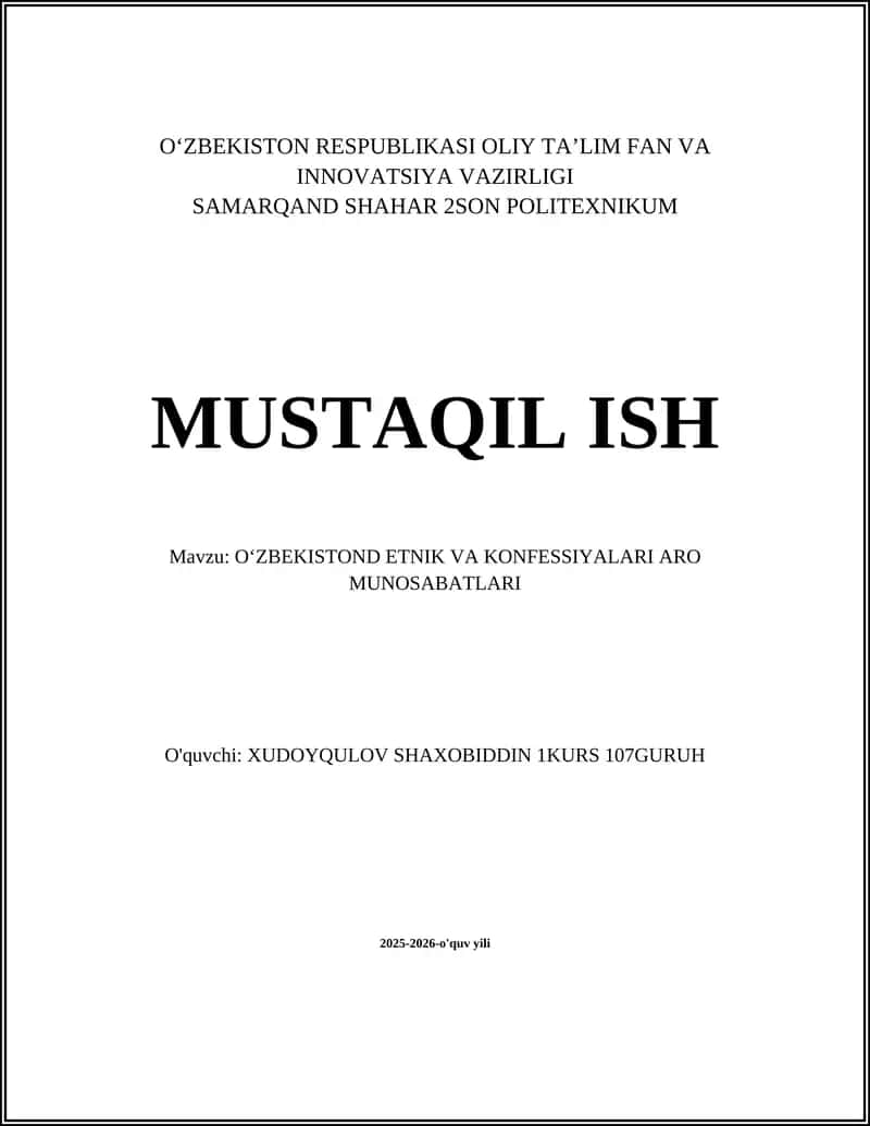 OʻZBEKISTOND ETNIK VA KONFESSIYALARI ARO MUNOSABATLARI