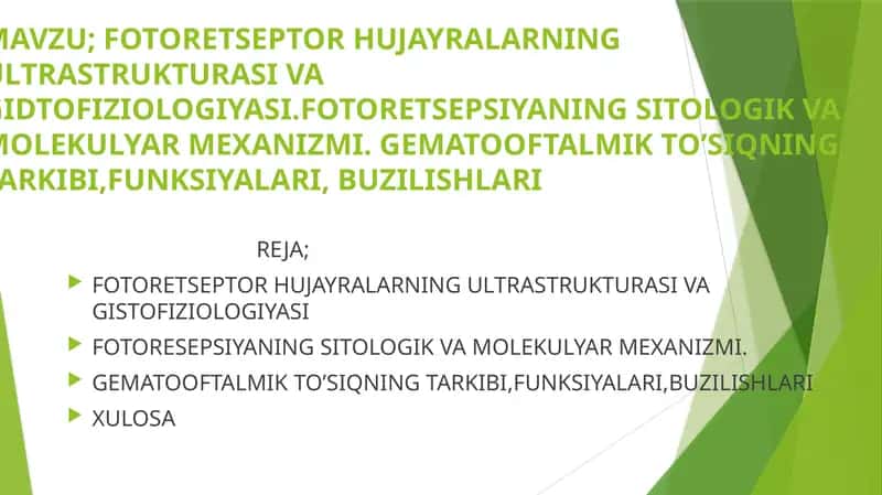 FOTORETSEPTOR HUJAYRALARNING ULTRASTRUKTURASI VA GIDTOFIZIOLOGIYASI.FOTORETSEPSIYANING SITOLOGIK VA MOLEKULYAR MEXANIZMI. GEMATOOFTALMIK TO’SIQNING TARKIBI,FUNKSIYALARI, BUZILISHLARI