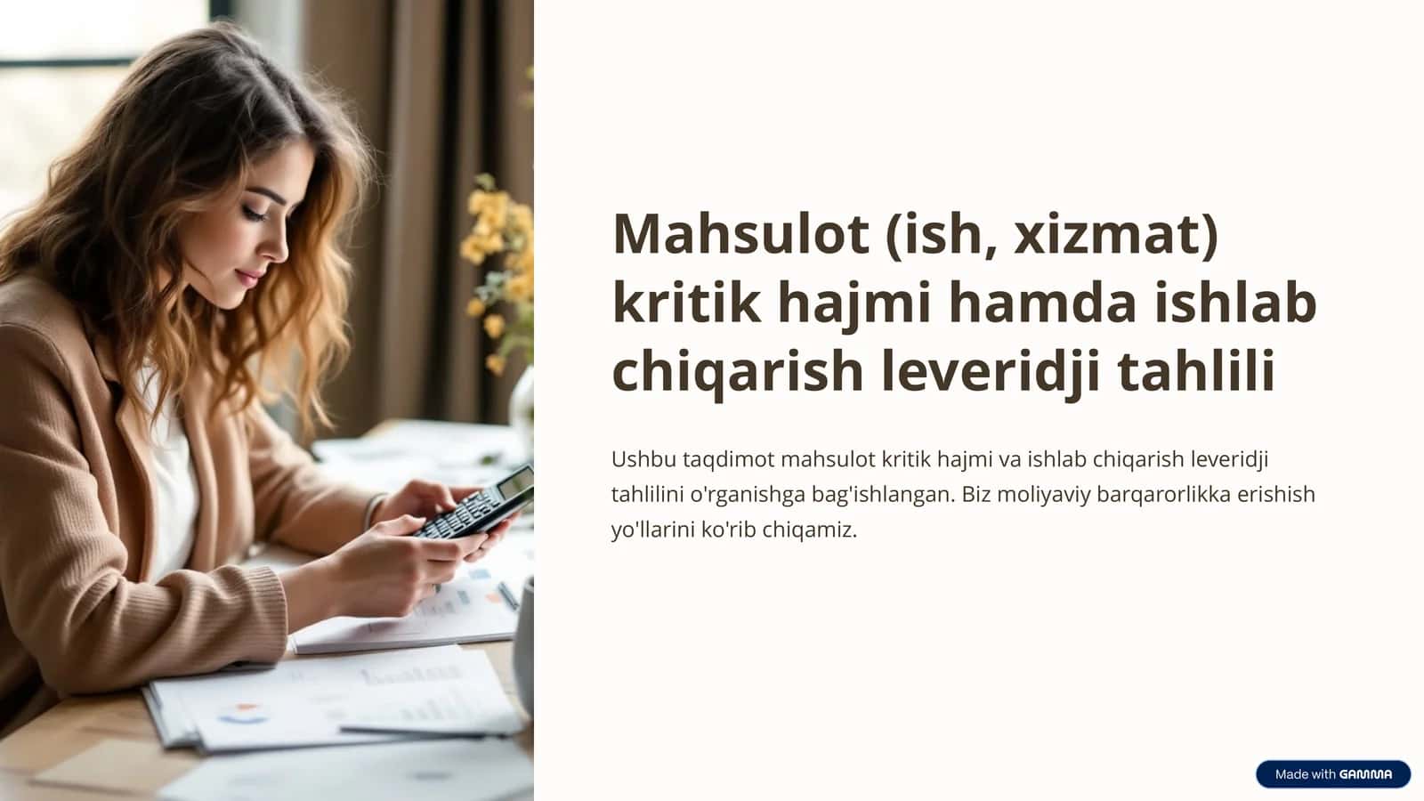 Mahsulot kritik hajmi va ishlab chiqarish leveridji tahlili PPT | Iqtisodiy tahlil prezentatsiya