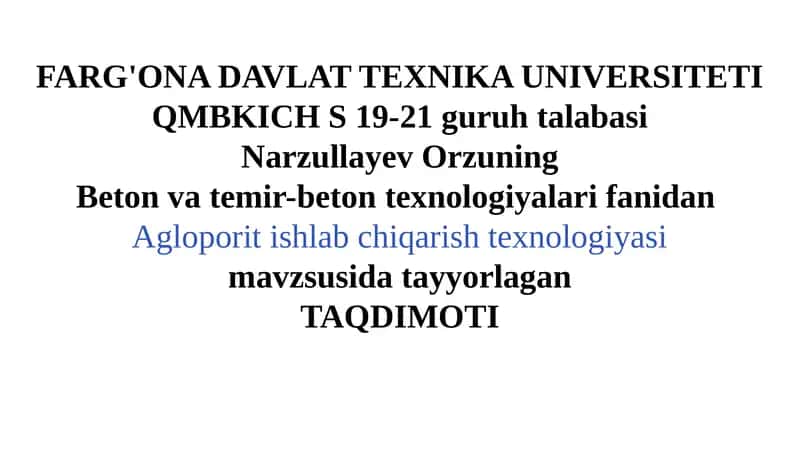 Agloporit Ishlab Chiqarish Texnologiyasi