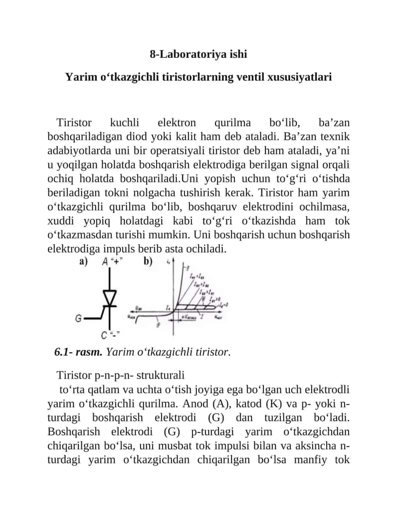 Yarim o‘tkazgichli tiristorlarning ventil xususiyatlari