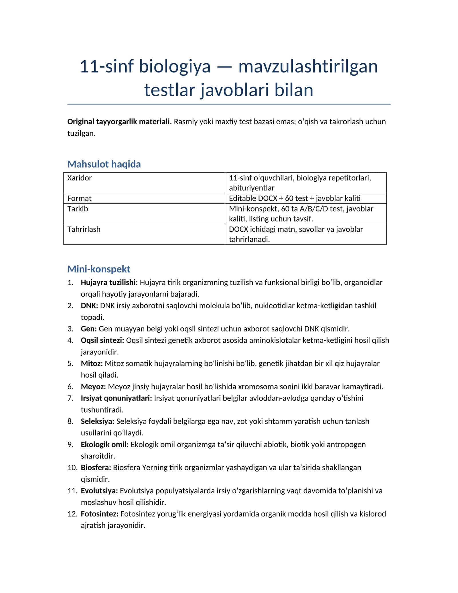 11-sinf biologiya — mavzulashtirilgan testlar javoblari bilan