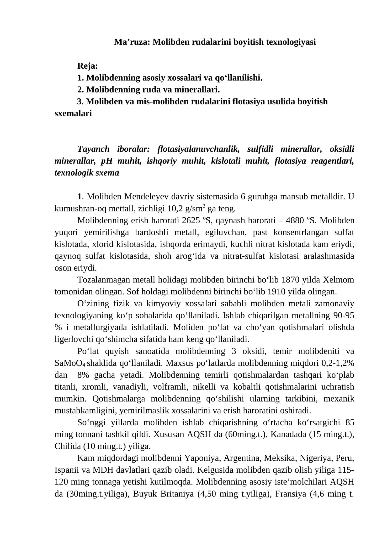 Ma’ruza: Molibden rudalarini boyitish texnologiyasi