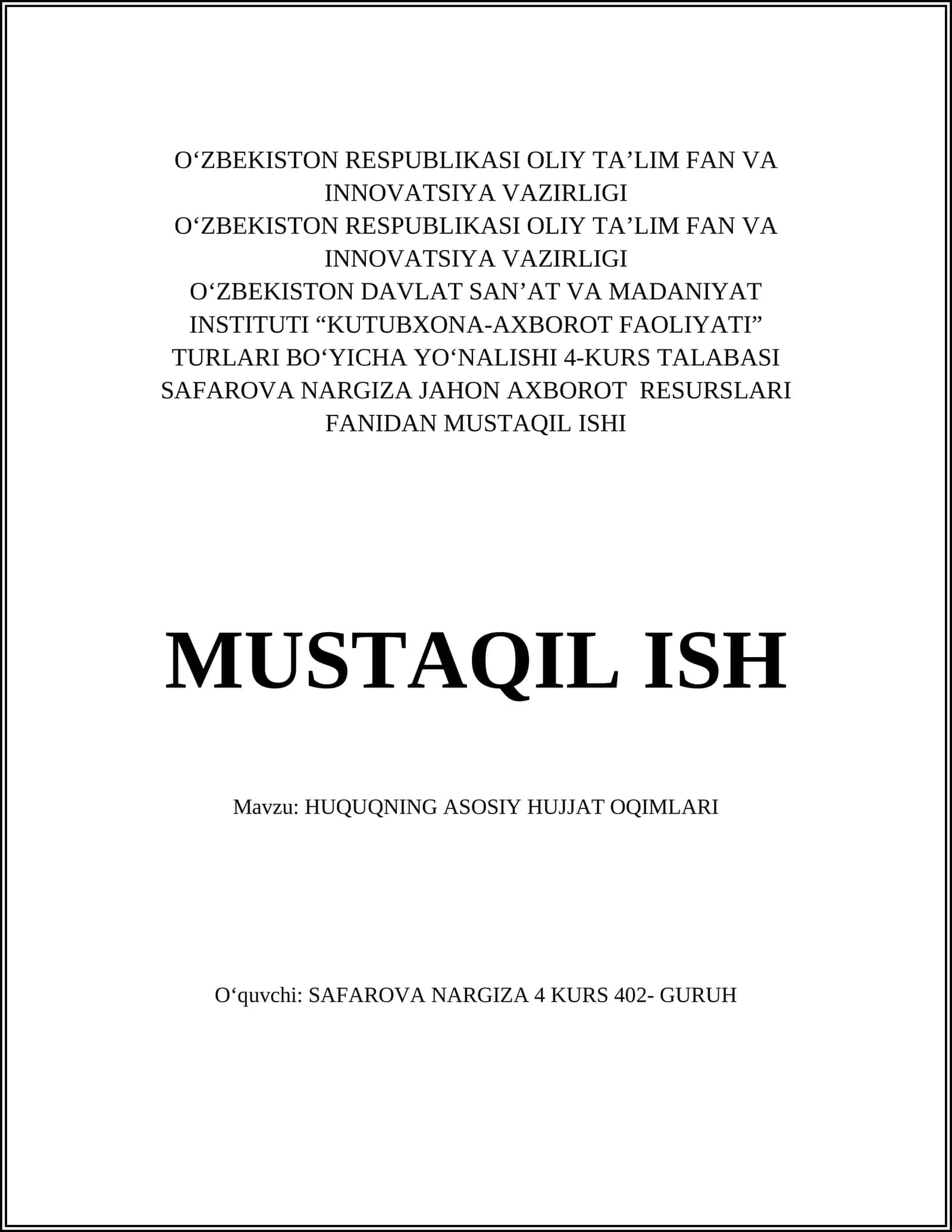 HUQUQNING ASOSIY HUJJAT OQIMLARI