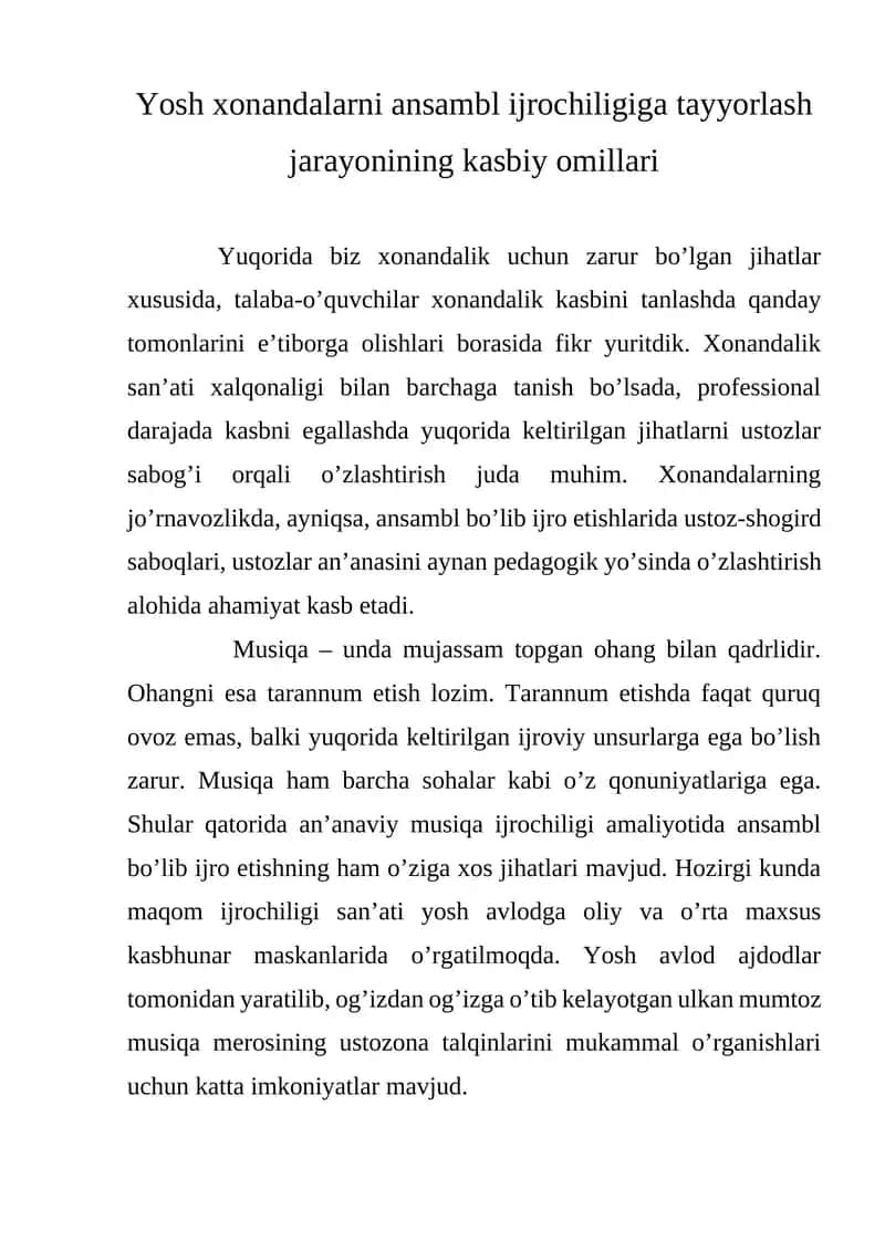 Xonandalarni ansambl ijrochiligiga tayyorlash jarayoni