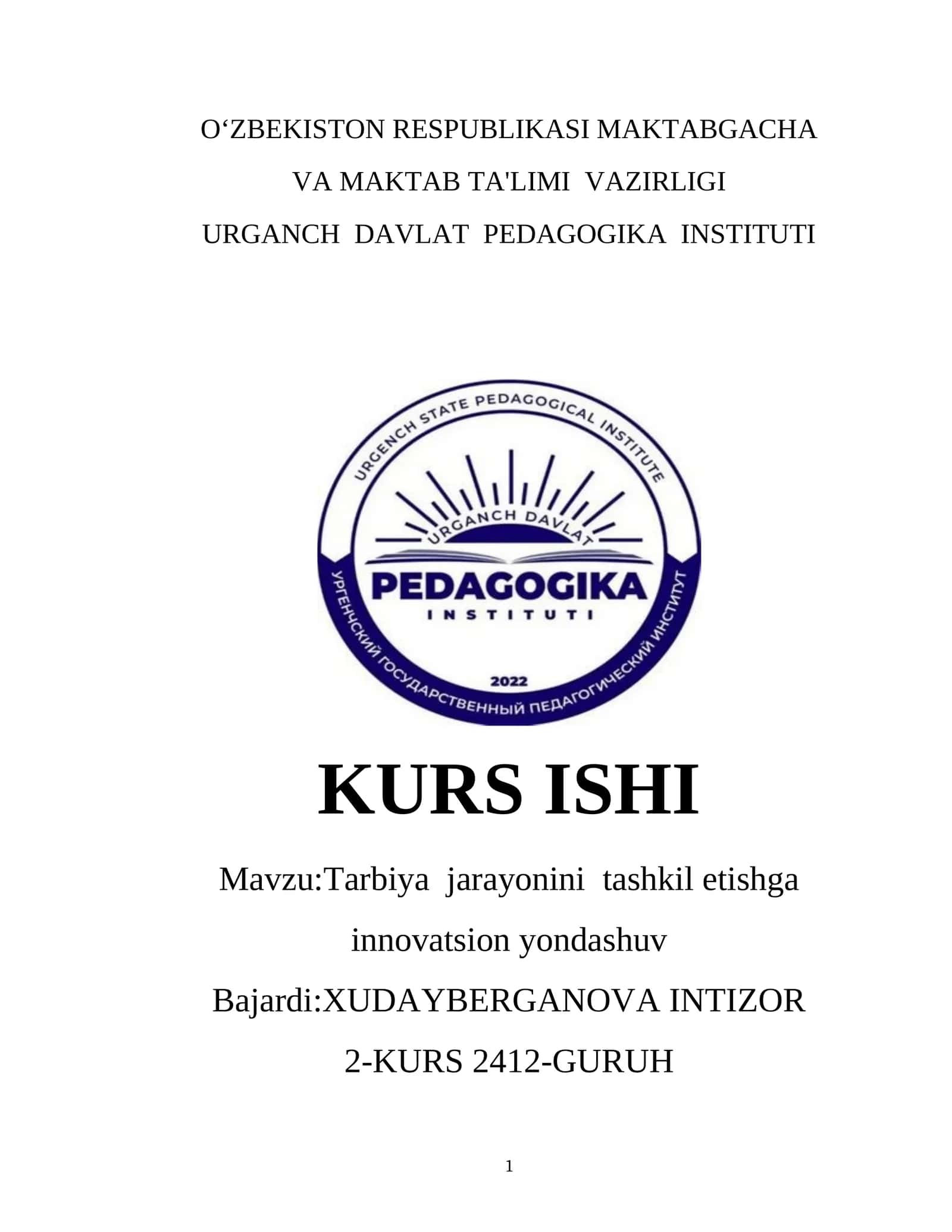 Tarbiya jarayonini tashkil etishga innovatsion yondashuv