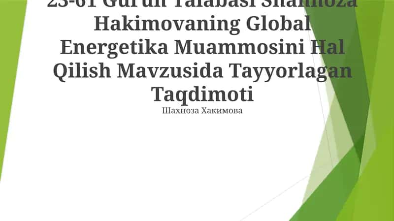 Shahnoza Hakimova is presenting on global energy issues, analyzing current energy status and future trends, offering solutions to resolve sector challenges