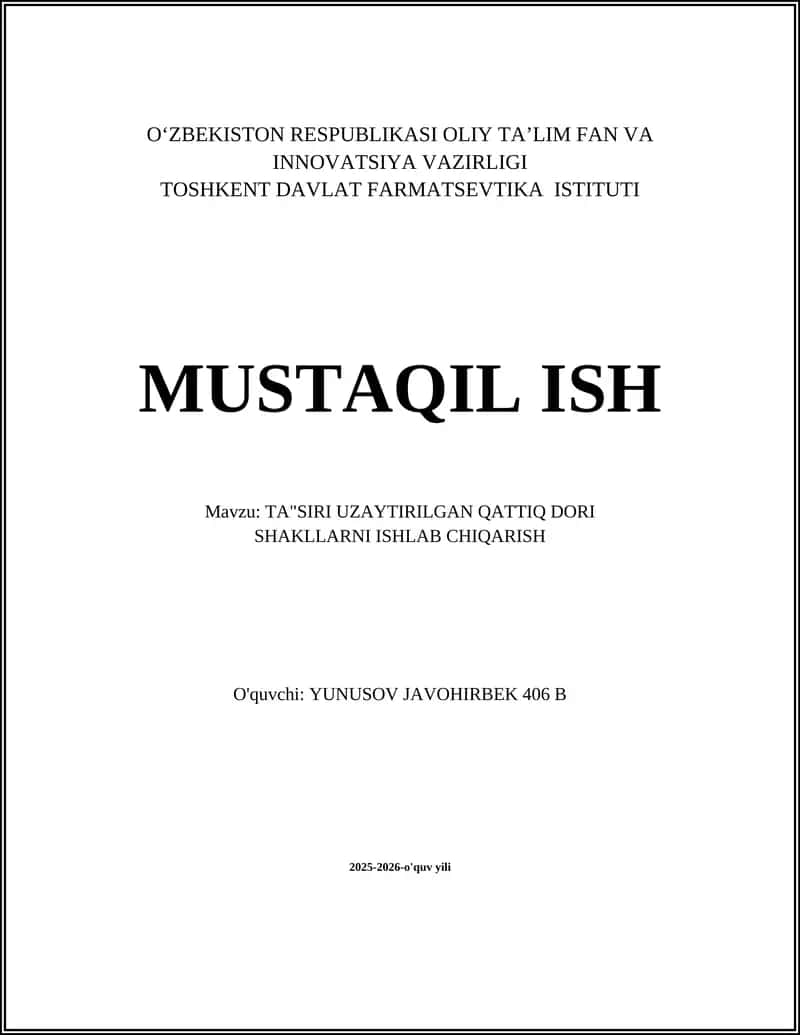 TA"SIRI UZAYTIRILGAN QATTIQ DORI SHAKLLARNI ISHLAB CHIQARISH