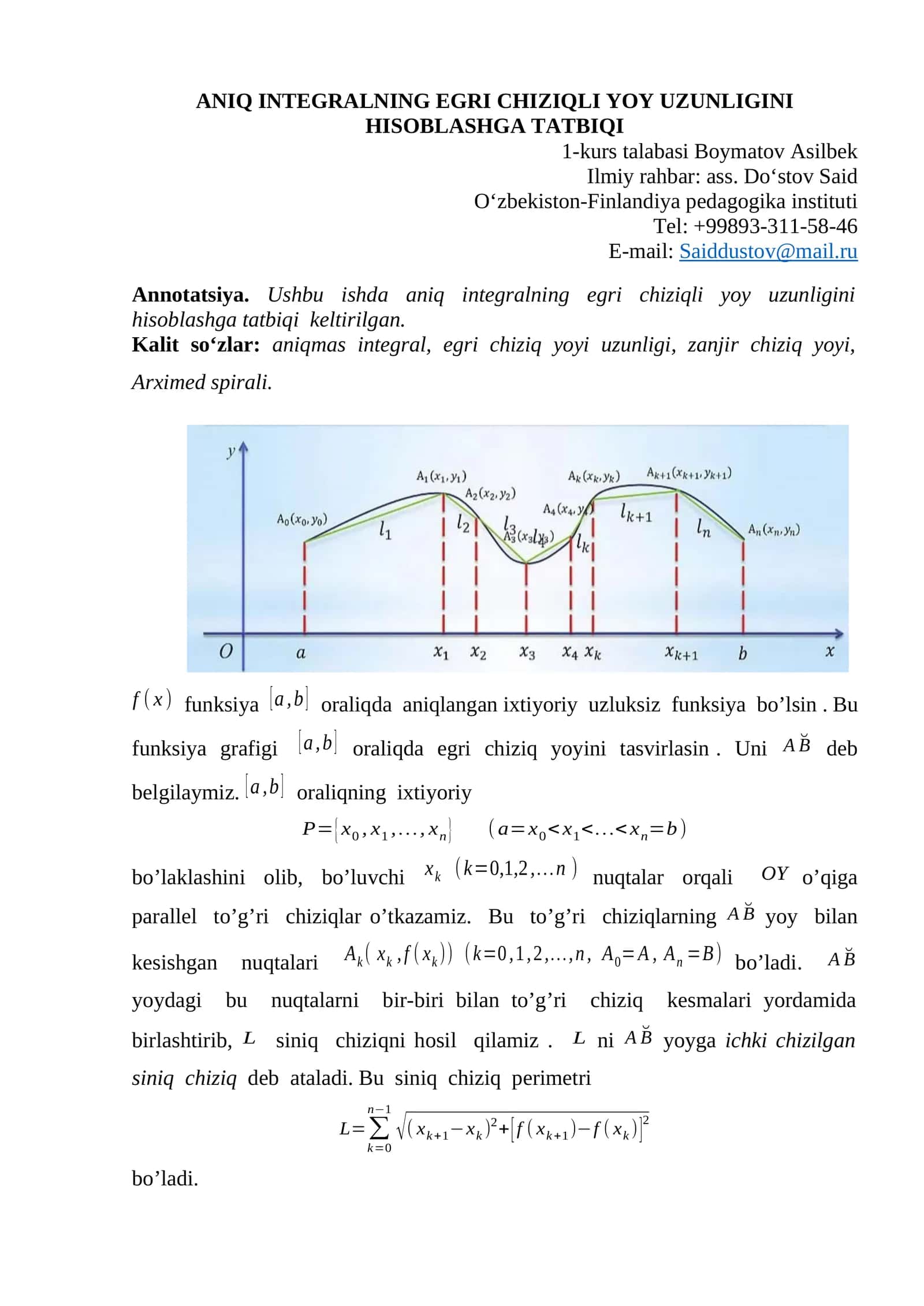 ANIQ INTEGRALNING EGRI CHIZIQLI YOY UZUNLIGINI HISOBLASHGA TATBIQI