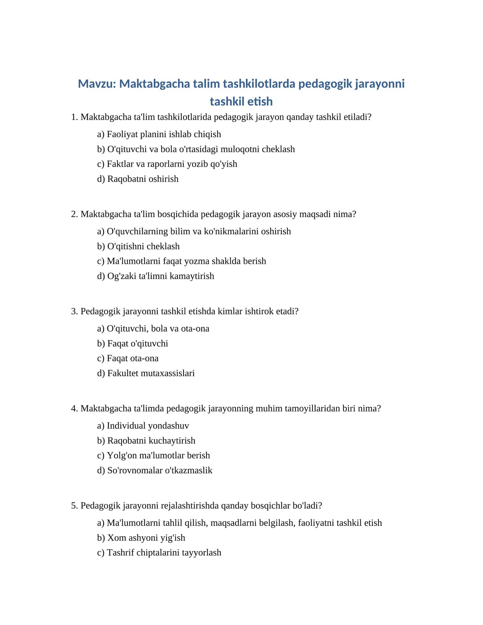 Maktabgacha talim tashkilotlarda pedagogik jarayonni tashkil etish