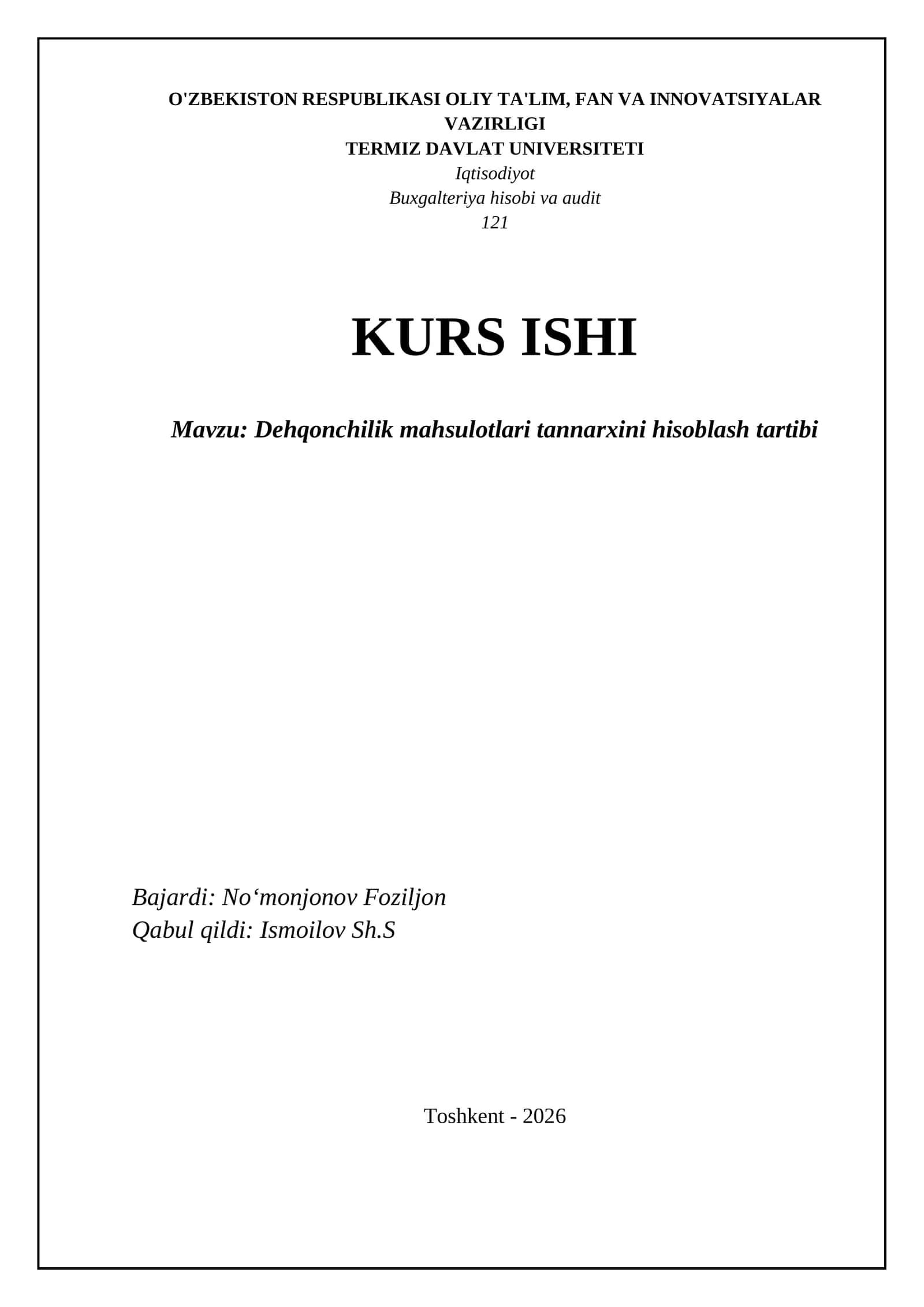 Dehqonchilik mahsulotlari tannarxini hisoblash tartibi