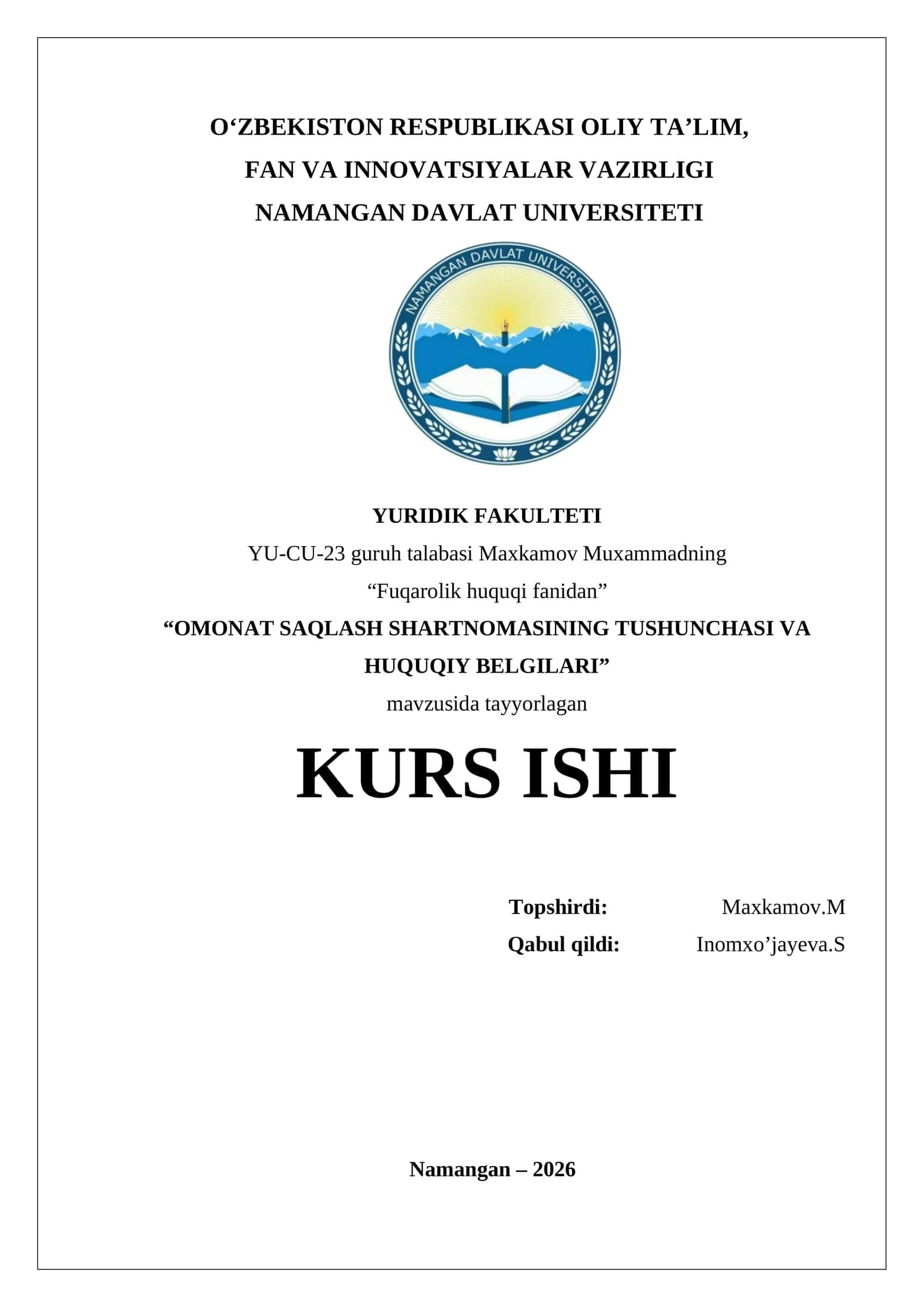 OMONAT SAQLASH SHARTNOMASINING TUSHUNCHASI VA HUQUQIY BELGILARI