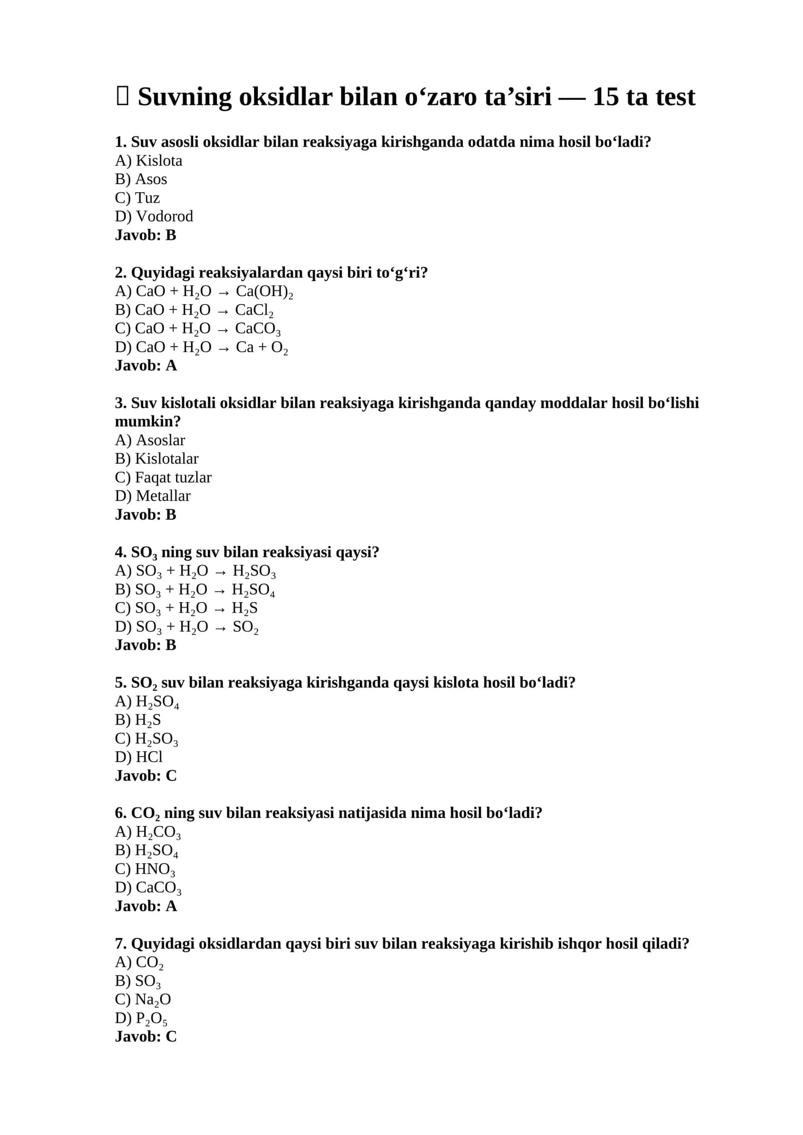 Suvning oksidlar bilan o‘zaro ta’siri — 15 ta test