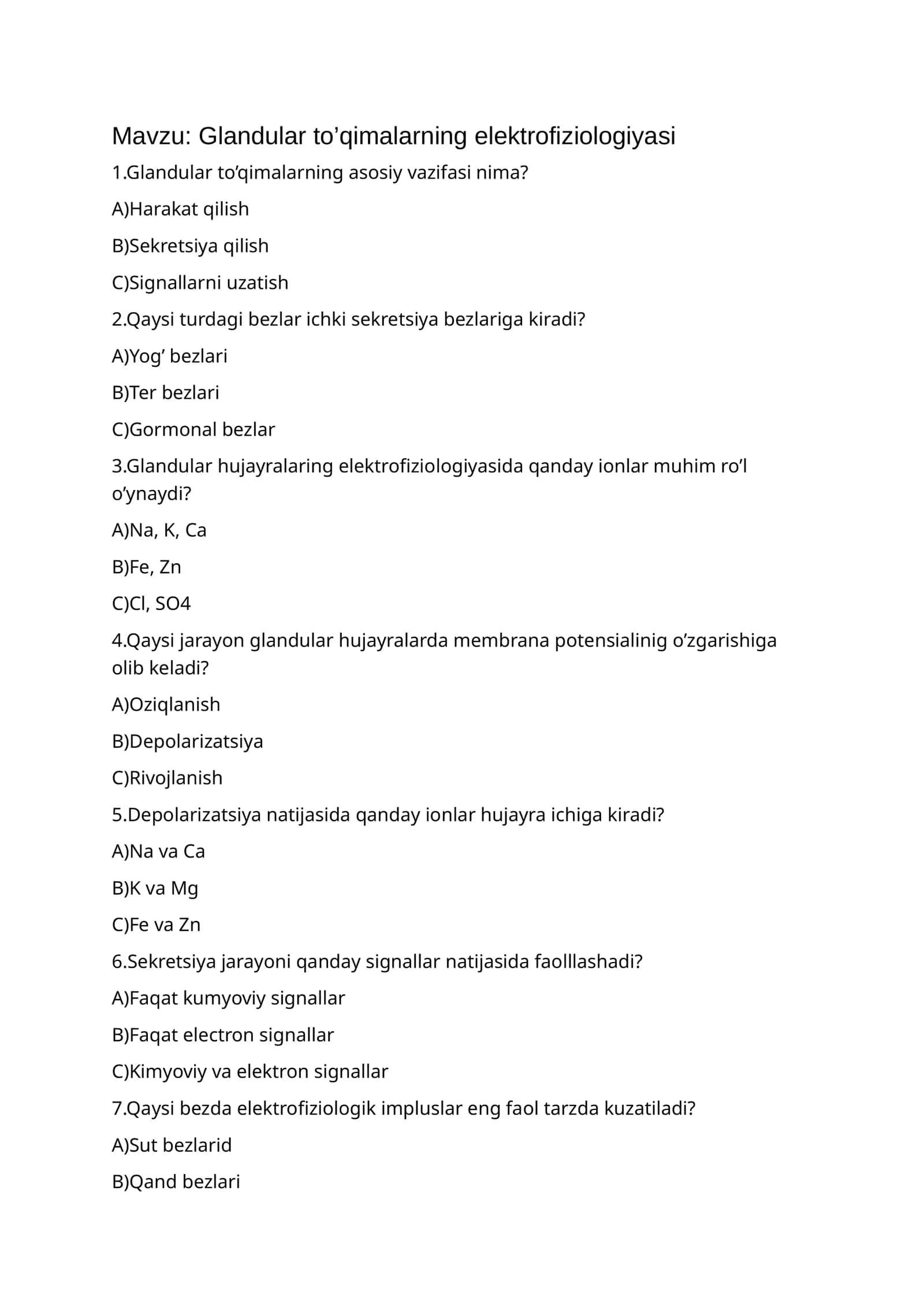 Glandular to’qimalarning elektrofiziologiyasi