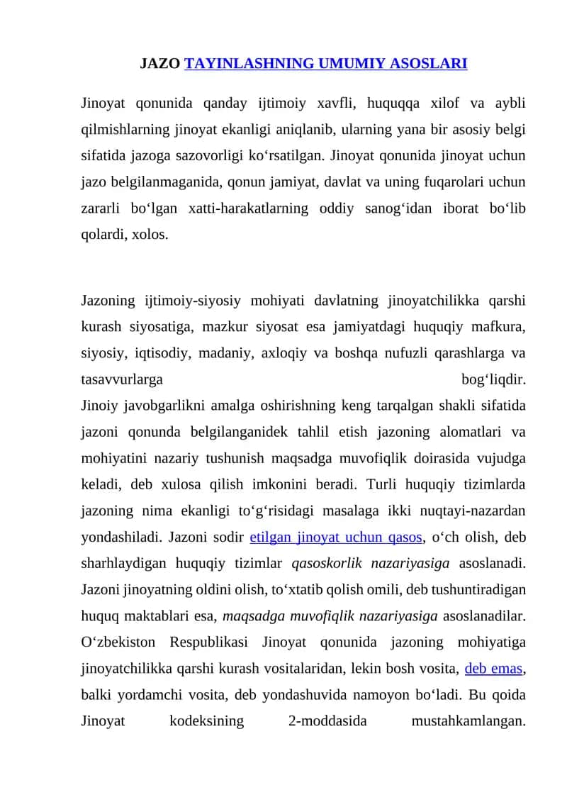 JAZO TAYINLASHNING UMUMIY ASOSLARI